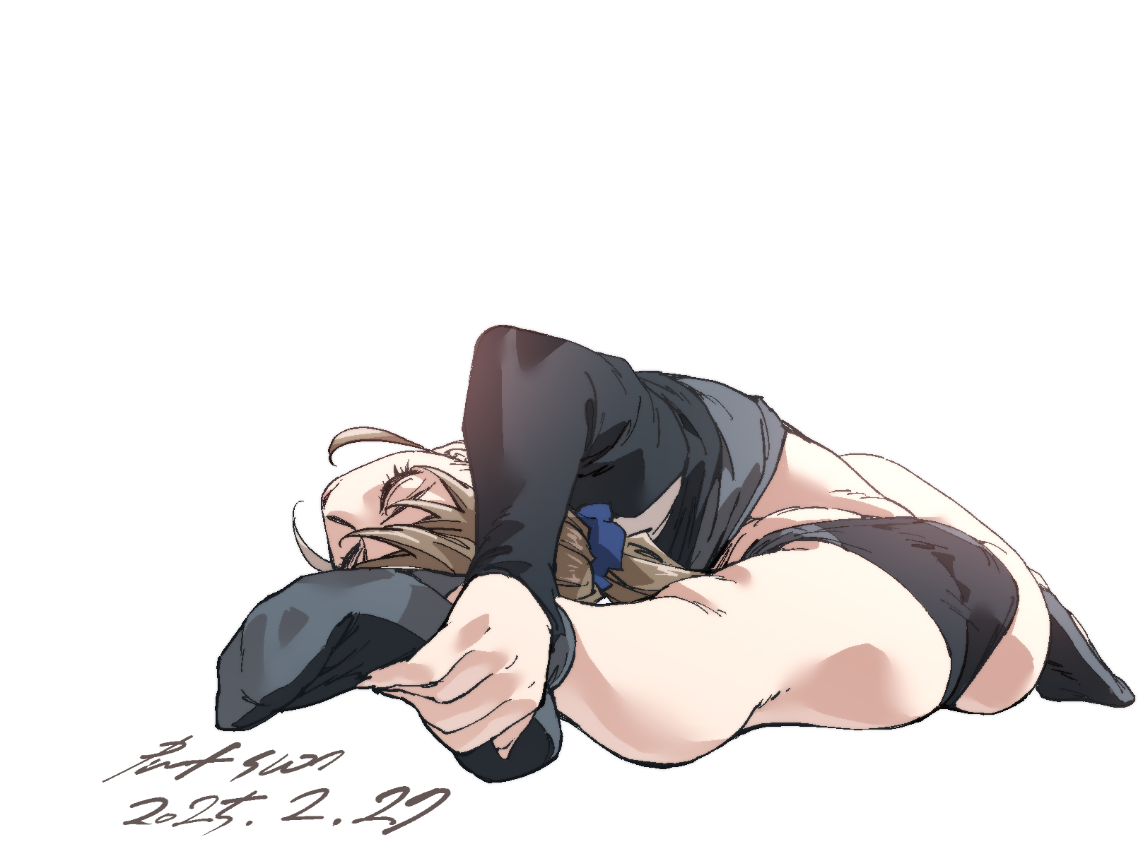 nabipenciller, original, highres, 1girl, ass, ballet slippers, black panties, brown hair, closed eyes, crop top, flexible, full body, panties, ponytail, shrug (clothing), solo, stretching, underwear