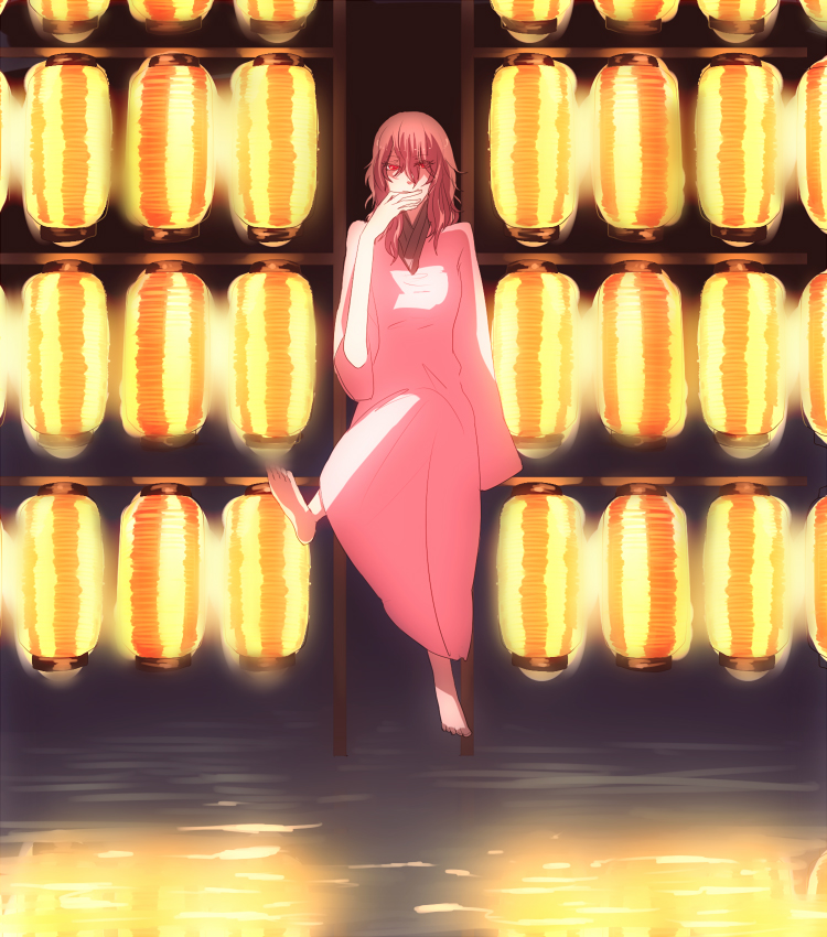 nasie, izanami (persona), atlus, persona, persona 4, lights, 1girl, barefoot, dress, feet, female focus, japanese clothes, kimono, lantern, paper lantern, pink kimono, red eyes, soles, solo, yukata