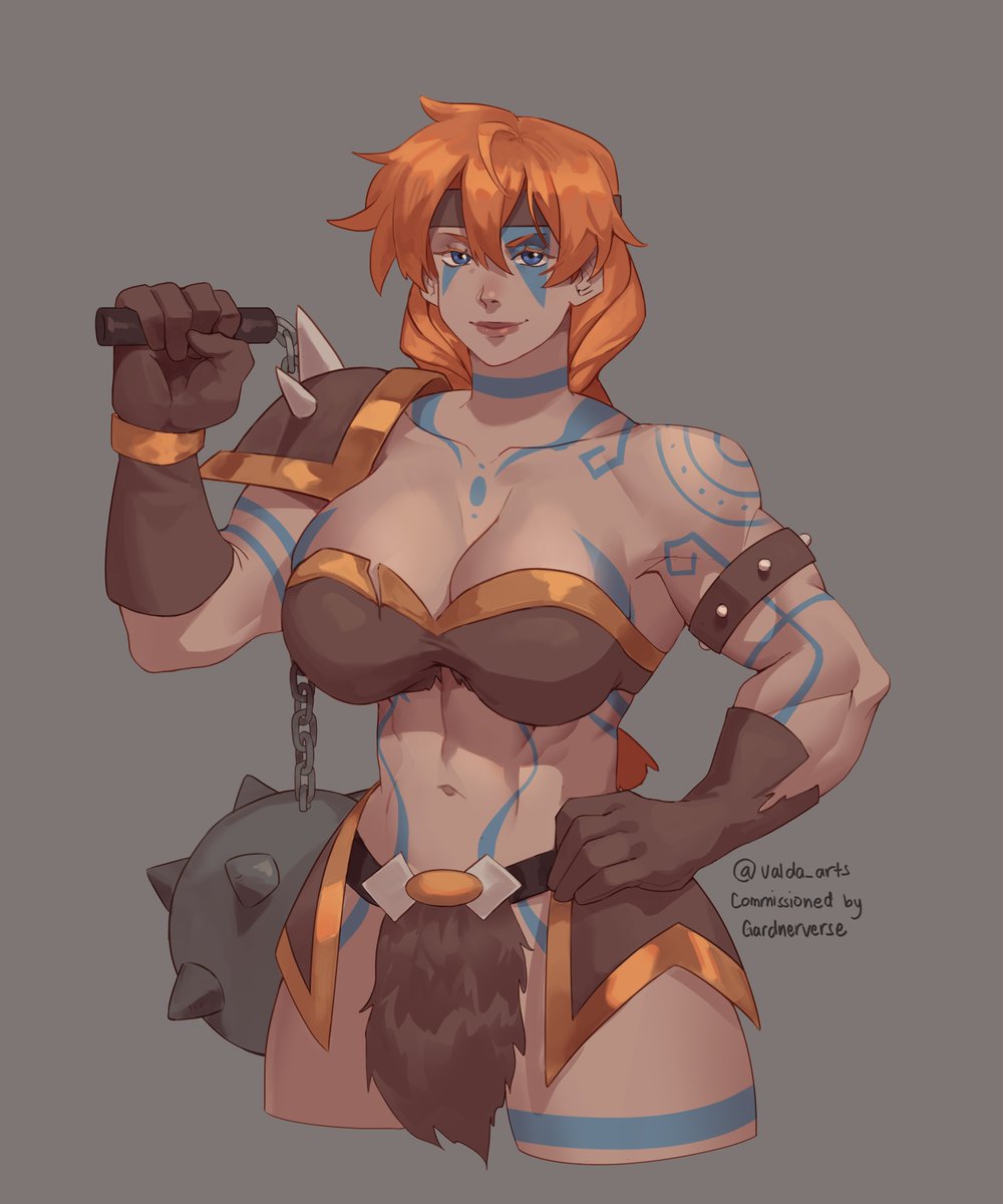 valda arts, sam gardner, gardnerverse, highres, 1girl, ahoge, armor, ball and chain (weapon), barbarian, blue eyes, bodypaint, breasts, celtic, gloves, hand on own hip, headband, holding, holding weapon, large breasts, lips, long hair, looking at viewer, muscular, muscular female, orange hair, sam the barbarian, shoulder armor, solo focus, tattoo, thick thighs, thighs, upper body, viking, weapon