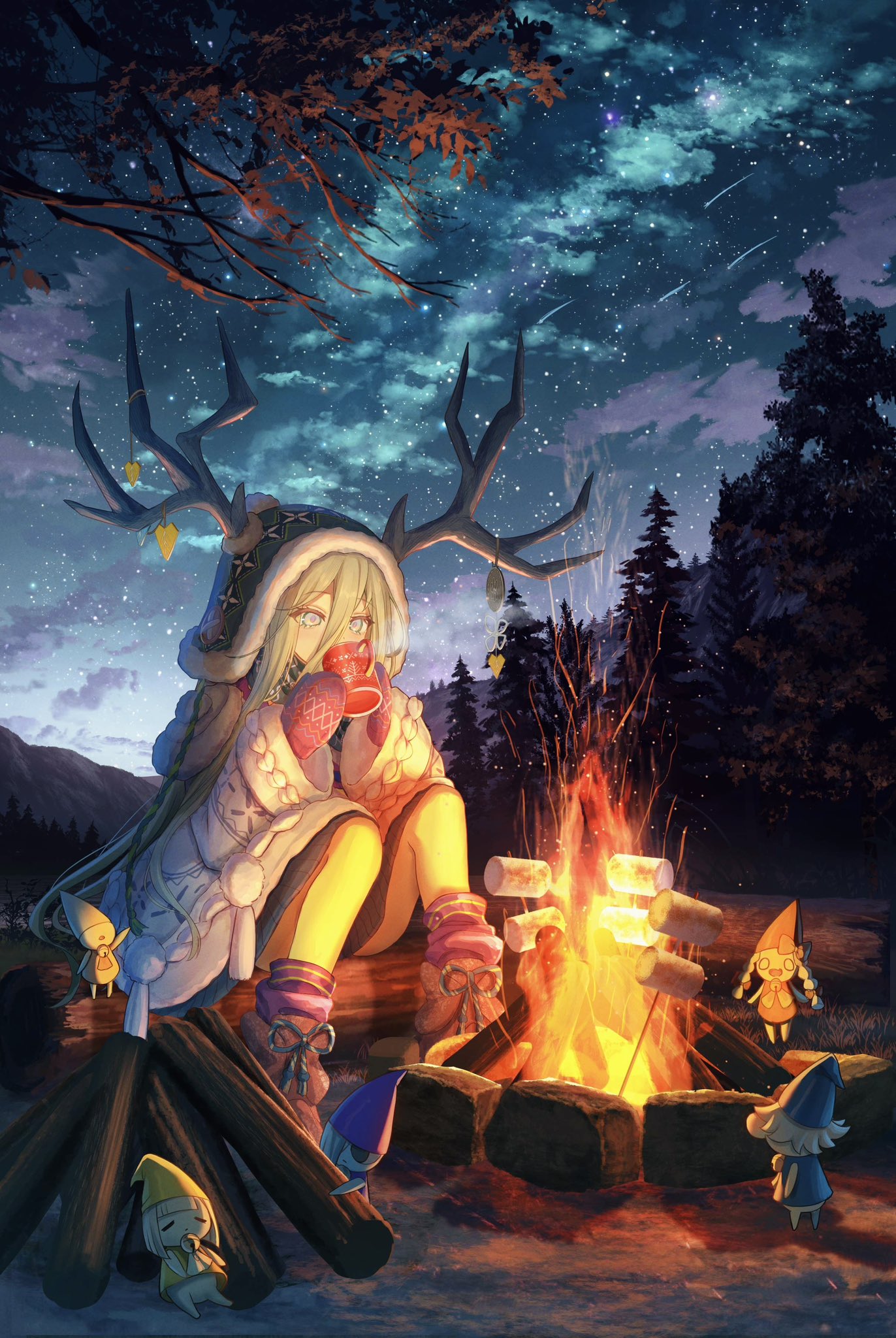 asagi futsuka, louhi (fate), louhi (second ascension) (fate), fate/grand order, fate (series), commentary request, highres, 1girl, antlers, aqua eyes, aqua hair, campfire, cup, drinking, forest, holding, holding cup, horns, horns through headwear, long hair, mittens, nature, night, night sky, roasted marshmallow, shooting star, sitting, sitting on log, sky, tonttu (fate), tree, woollen cap