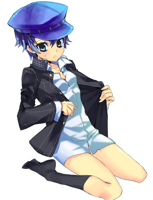 tane9, shirogane naoto, atlus, persona, persona 4, bad id, bad pixiv id, 1girl, blue eyes, blue hair, blush, breasts, female focus, hat, jacket, kneehighs, matching hair/eyes, medium breasts, newsboy cap, open clothes, open jacket, school uniform, shirt, short hair, sitting, socks, solo, sweat, undressing