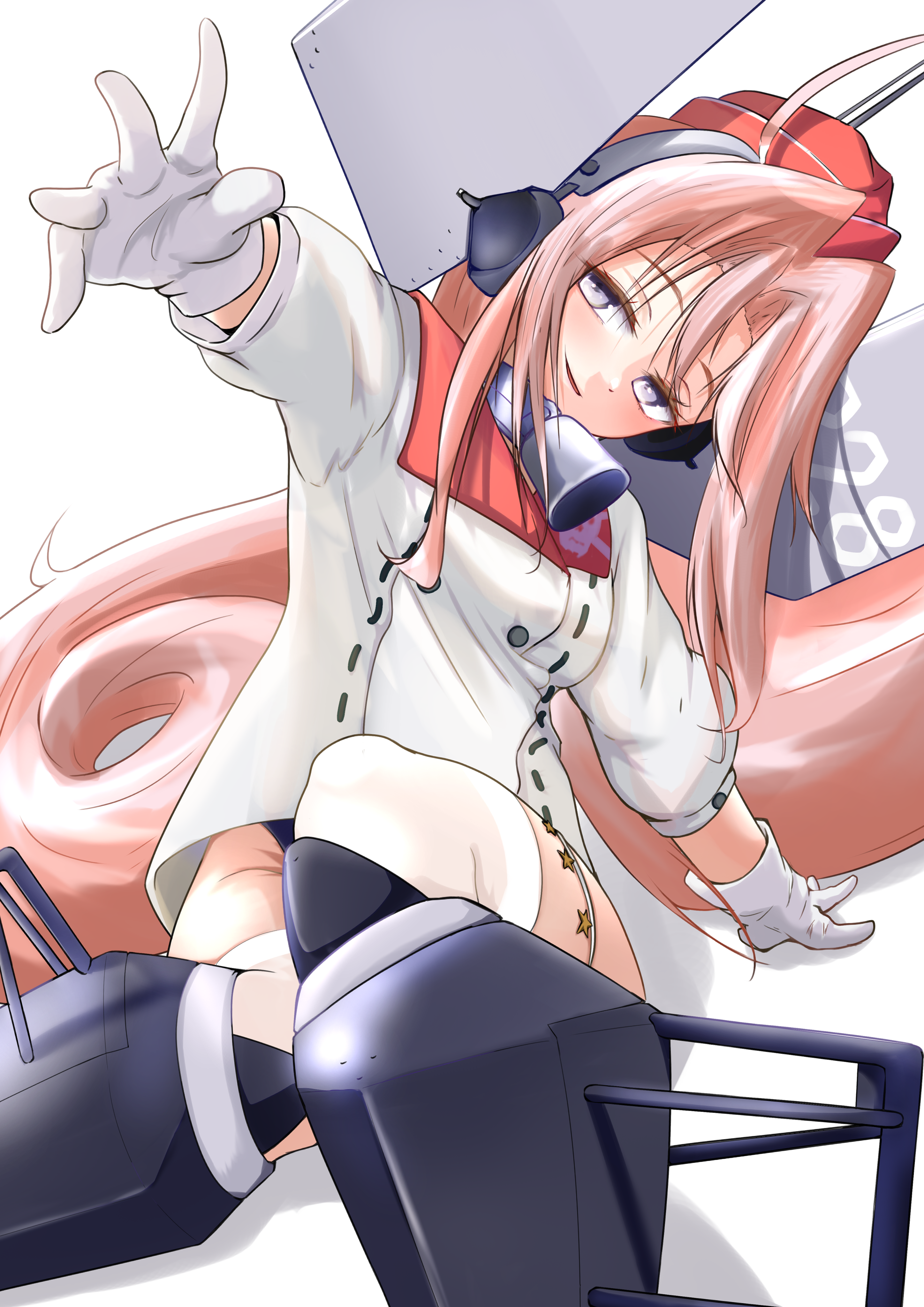 tastas, drum (kancolle), kantai collection, absurdres, commentary request, highres, 1girl, bell, black one-piece swimsuit, coat, collar, garrison cap, gloves, grey eyes, hair rings, hat, headgear, long hair, looking at viewer, metal collar, neck bell, one-piece swimsuit, pink hair, red hat, rigging, rudder footwear, simple background, smile, solo, star (symbol), swimsuit, swimsuit under clothes, thighhighs, very long hair, white background, white coat, white gloves, white thighhighs