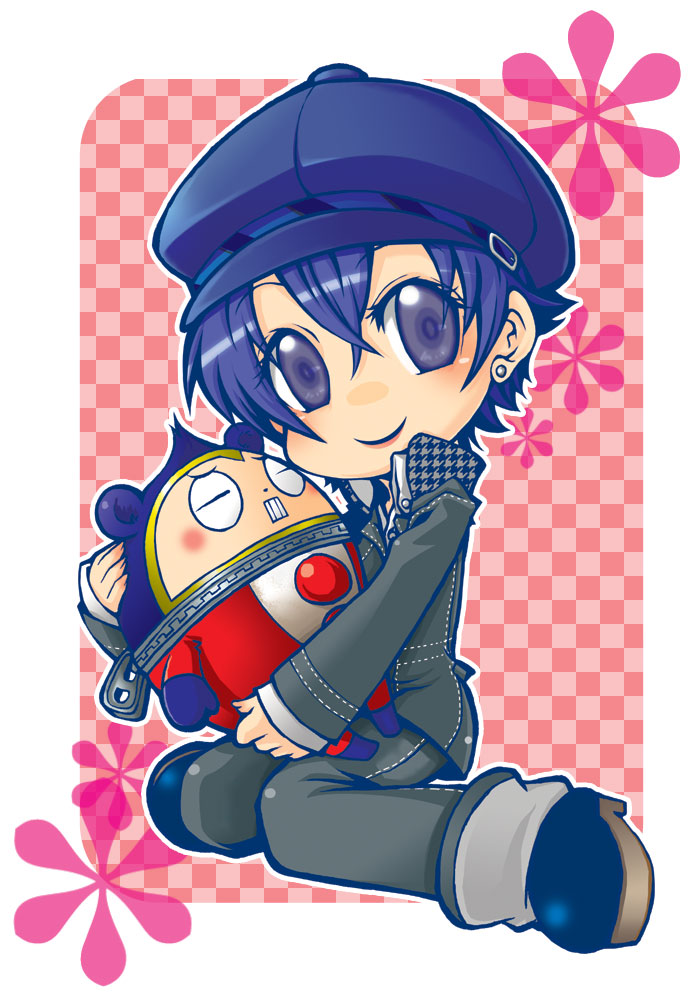 seia megumu, seia megumu (pixiv), kuma (persona 4), shirogane naoto, atlus, persona, persona 4, 1boy, 1girl, androgynous, blue eyes, blue hair, blush, chibi, earrings, female focus, hat, jewelry, matching hair/eyes, newsboy cap, reverse trap, school uniform, short hair, sitting, smile, solo