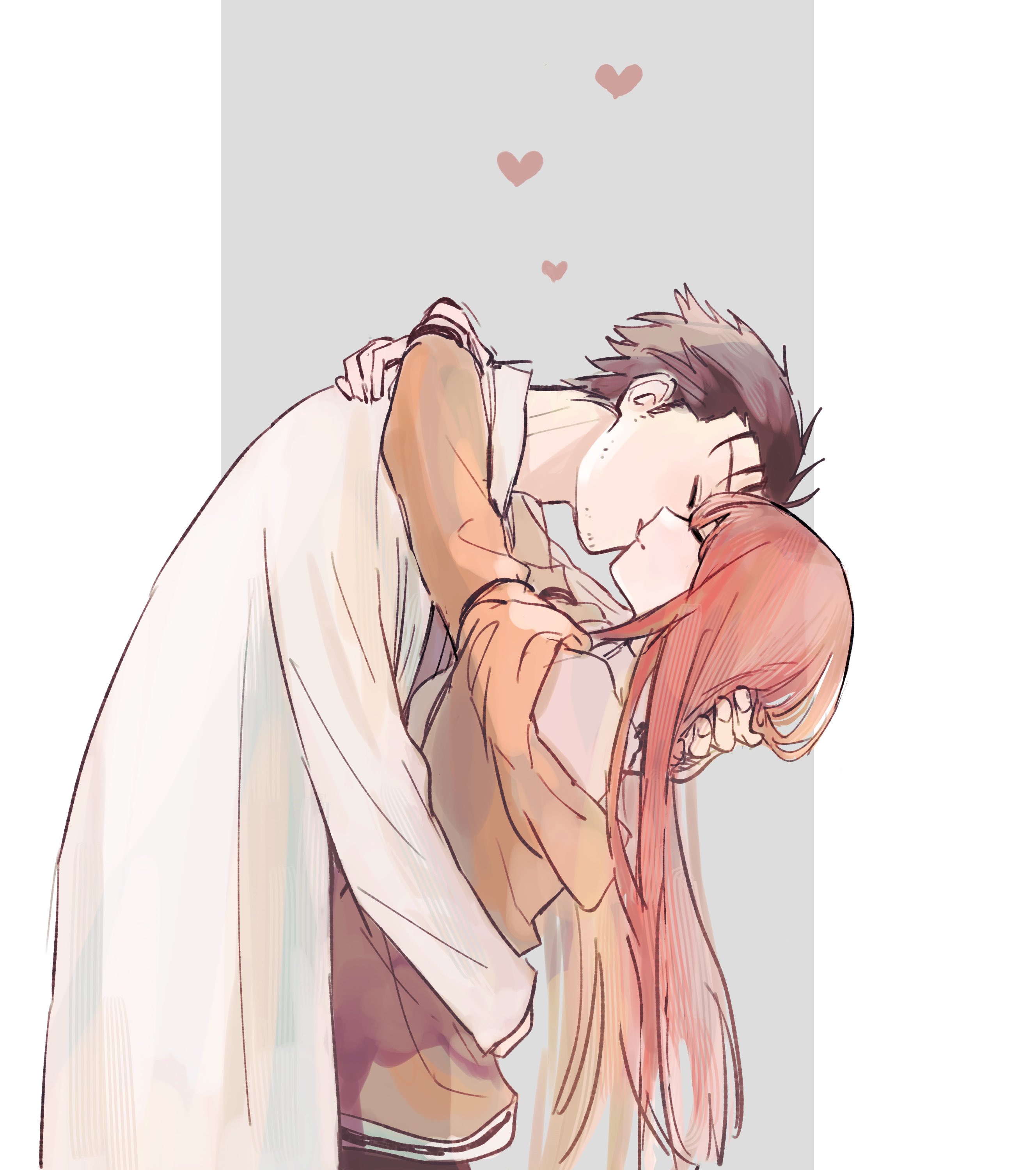 suehiroch0, makise kurisu, okabe rintarou, science adventure, steins;gate, absurdres, commentary request, highres, 1boy, 1girl, arms around neck, blush, brown hair, closed eyes, couple, grey background, heart, height difference, hetero, hug, hunched over, jacket, kiss, long hair, long sleeves, shirt, short hair, simple background, smile, white shirt