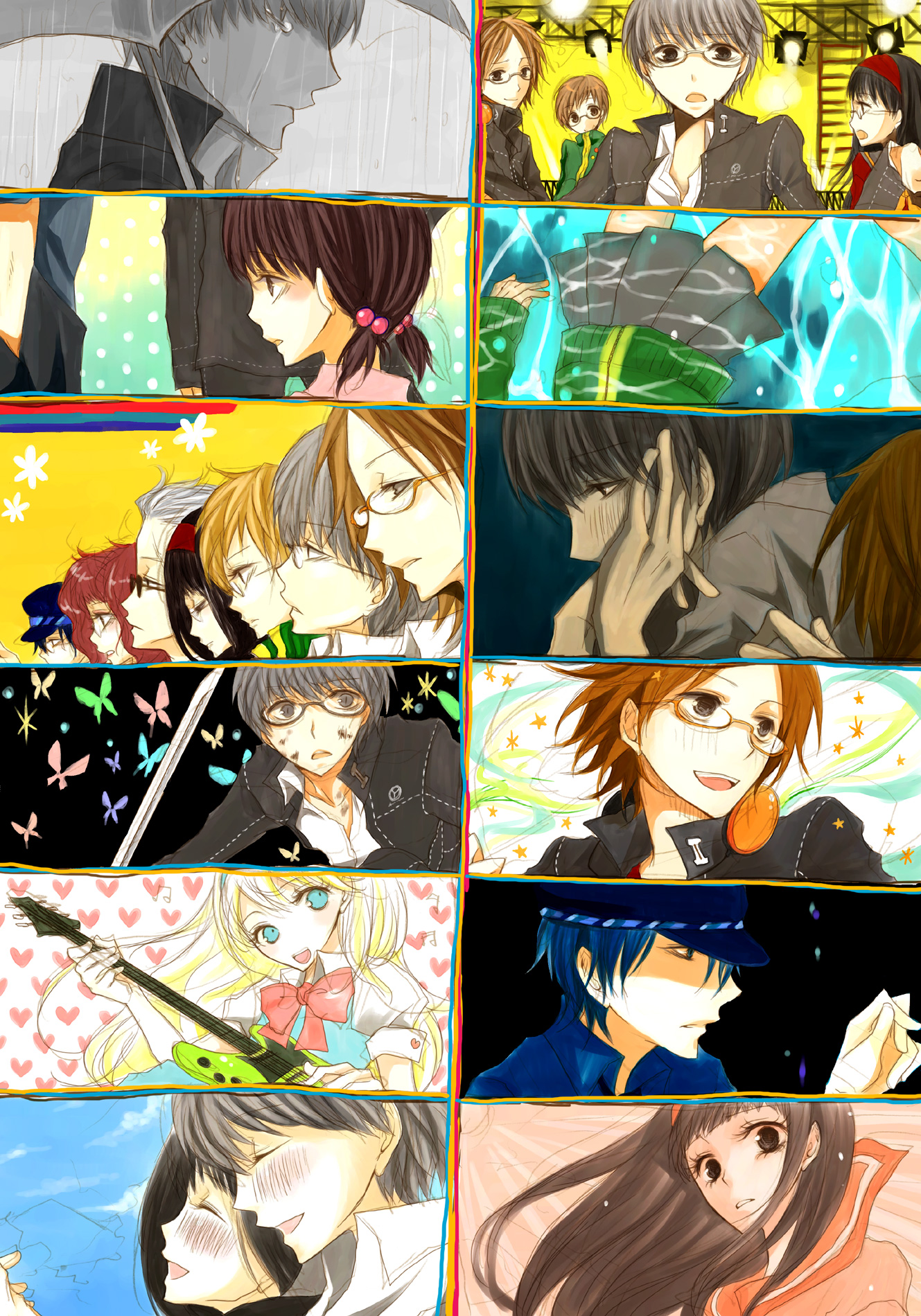 furuya (pixiv), natsuko furuya, amagi yukiko, doujima nanako, hanamura yousuke, kujikawa rise, kuma (persona 4), narukami yu, satonaka chie, shirogane naoto, tatsumi kanji, atlus, persona, persona 4, bad id, bad pixiv id, highres, 4boys, 4girls, androgynous, artistic error, black eyes, black hair, blonde hair, blue eyes, blue hair, blush, brown eyes, brown hair, bug, butterfly, closed eyes, everyone, glasses, grey eyes, grey hair, guitar, hairband, hat, headphones, instrument, jacket, long hair, multiple boys, multiple girls, newsboy cap, open mouth, pin, rain, red hair, reverse trap, scar, school uniform, short hair, skirt, smile, sword, tears, tele(guitar), track jacket, trap, twintails, umbrella, water, weapon