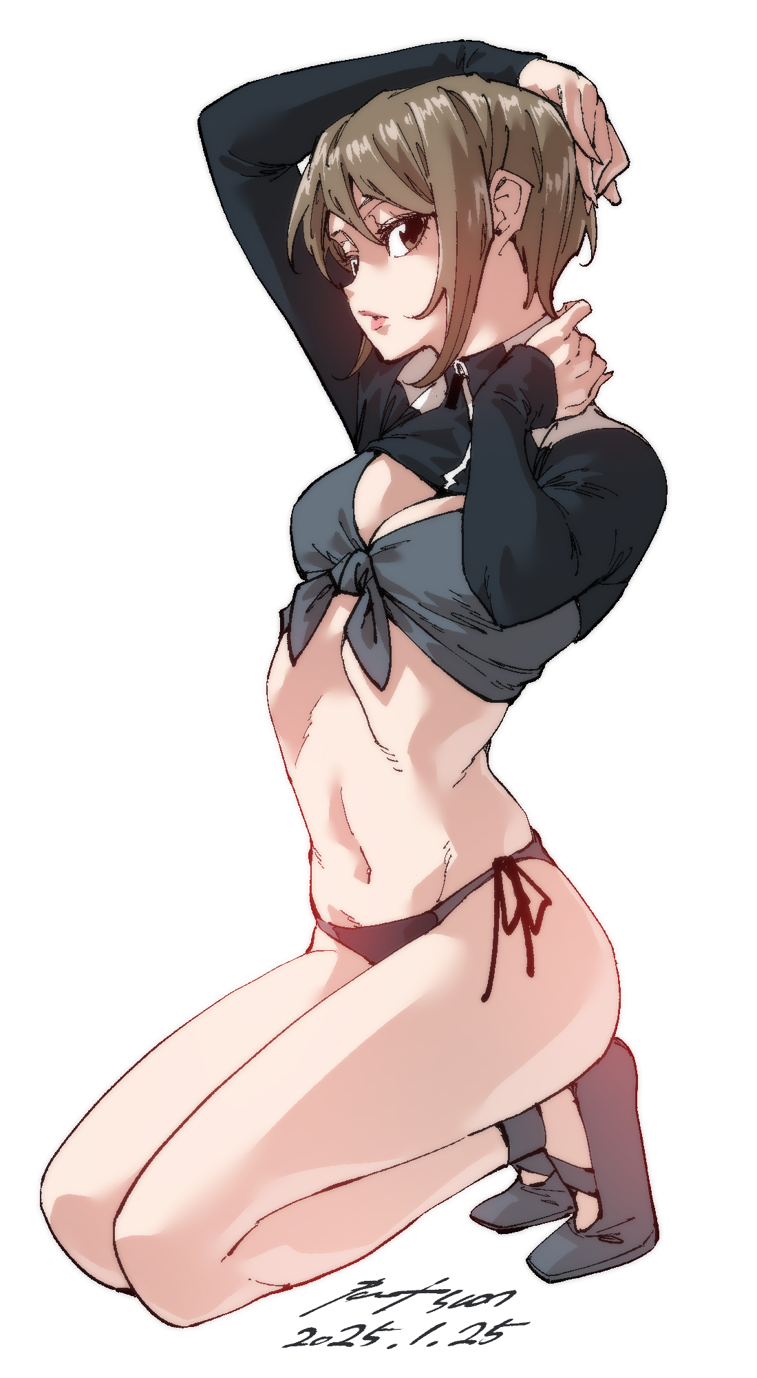 nabipenciller, original, highres, 1girl, ballet slippers, black panties, breasts, brown eyes, brown hair, cleavage, full body, kneeling, looking at viewer, navel, panties, shirt, short hair, shrug (clothing), side-tie panties, small breasts, solo, tied shirt, underwear