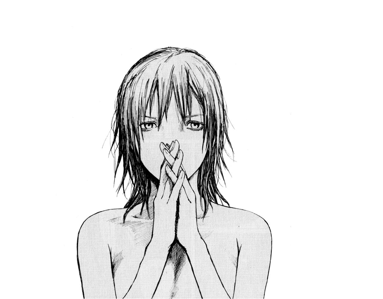 biomega, tagme, 1girl, breasts, cleavage, female focus, greyscale, interlocked fingers, monochrome, solo