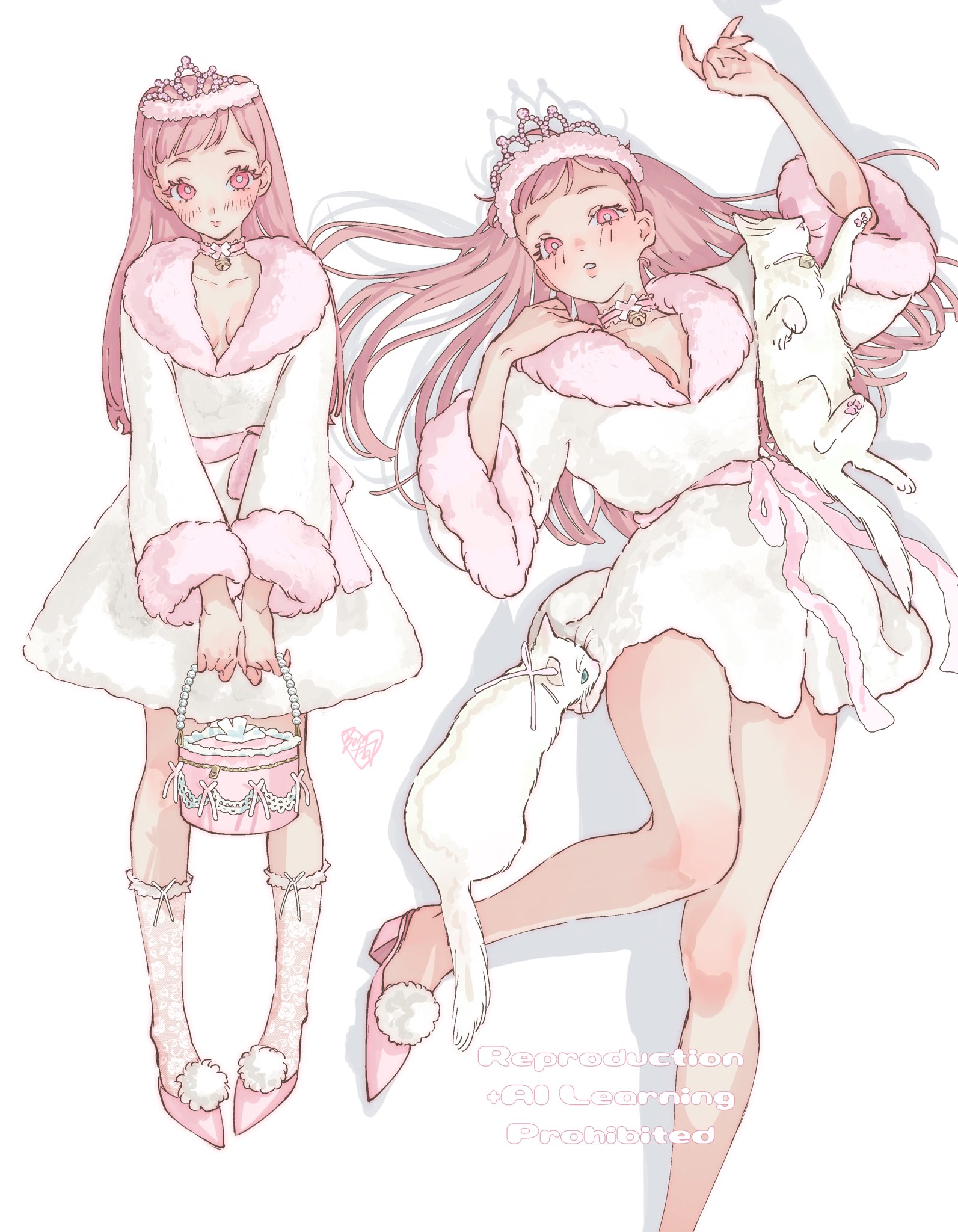 bomhat, original, commentary, highres, symbol-only commentary, 1girl, bag, blush, bow, bow choker, bow legwear, breasts, cat, choker, cleavage, collarbone, crown, dress, frilled choker, frilled socks, frills, from above, full body, fur-trimmed collar, fur-trimmed headwear, fur-trimmed sleeves, fur trim, handbag, head tilt, heart, high heel slides, high heels, holding, holding bag, knee blush, long hair, looking at viewer, lying, multiple views, on back, parted bangs, pink hair, pink lips, pink shoes, shadow, shoes, simple background, socks, standing, straight-on, thighs, white background, white cat, white dress