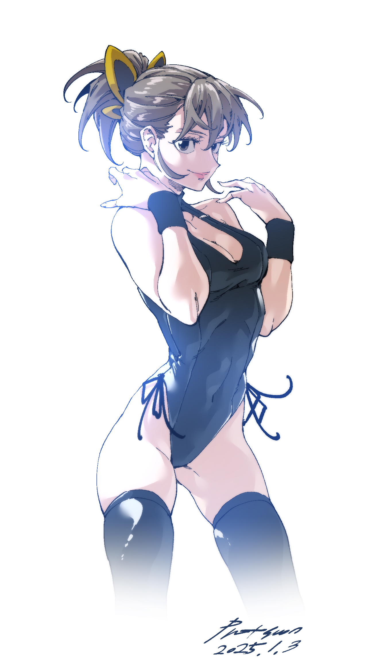 nabipenciller, original, highres, 1girl, black leotard, breasts, brown eyes, brown hair, highleg, highleg leotard, leotard, looking at viewer, ponytail, small breasts, smile, solo, thighhighs