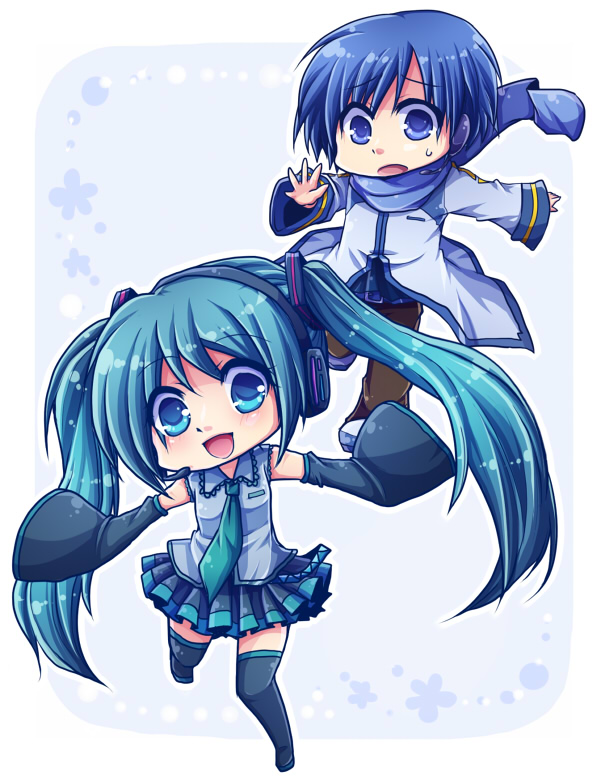 kurosu rino, hatsune miku, kaito (vocaloid), vocaloid, 1boy, 1girl, aqua eyes, aqua hair, blue eyes, blue hair, blue scarf, chibi, detached sleeves, headphones, headset, long hair, necktie, scarf, short hair, skirt, smile, sweat, thighhighs, twintails