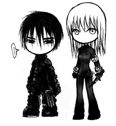 cibo, killy, blame!, lowres, 1boy, black hair, chibi, greyscale, gun, handgun, long hair, monochrome, weapon, white hair