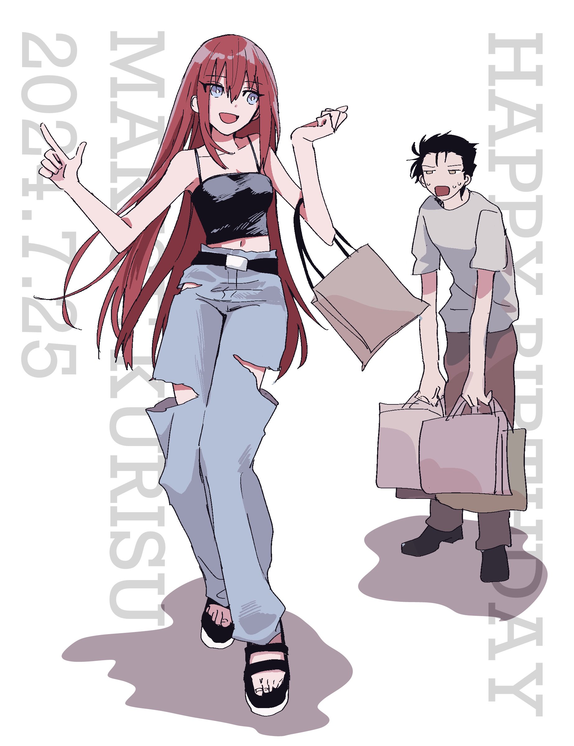 suehiroch0, makise kurisu, okabe rintarou, science adventure, steins;gate, absurdres, commentary request, highres, 1boy, 1girl, :d, alternate costume, bag, bare shoulders, black hair, blue pants, blush, breasts, brown pants, brown shoes, casual, collarbone, full body, holding, long hair, open mouth, pants, red hair, shirt, shoes, small breasts, smile, standing, toes, torn clothes, torn pants