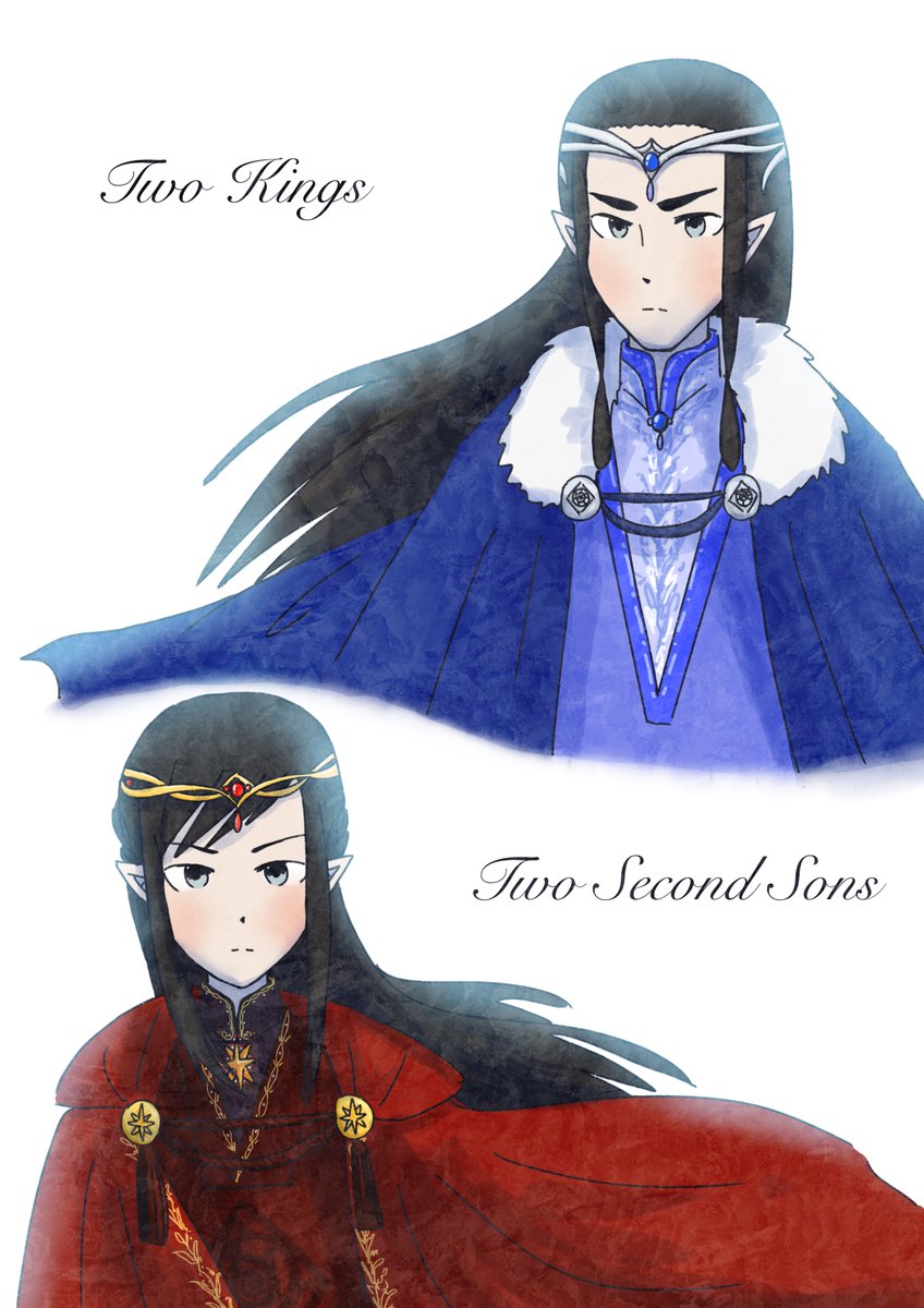 pujojoi, fingolfin, maglor, the silmarillion, tolkien's legendarium, source request, 2boys, black hair, blue cloak, circlet, cloak, closed mouth, elf, english text, floating cape, floating clothes, floating hair, gem, jewelry, king, long hair, looking at viewer, male focus, multiple boys, pointy ears, red cloak, sidelocks, simple background, uncle and nephew, white background