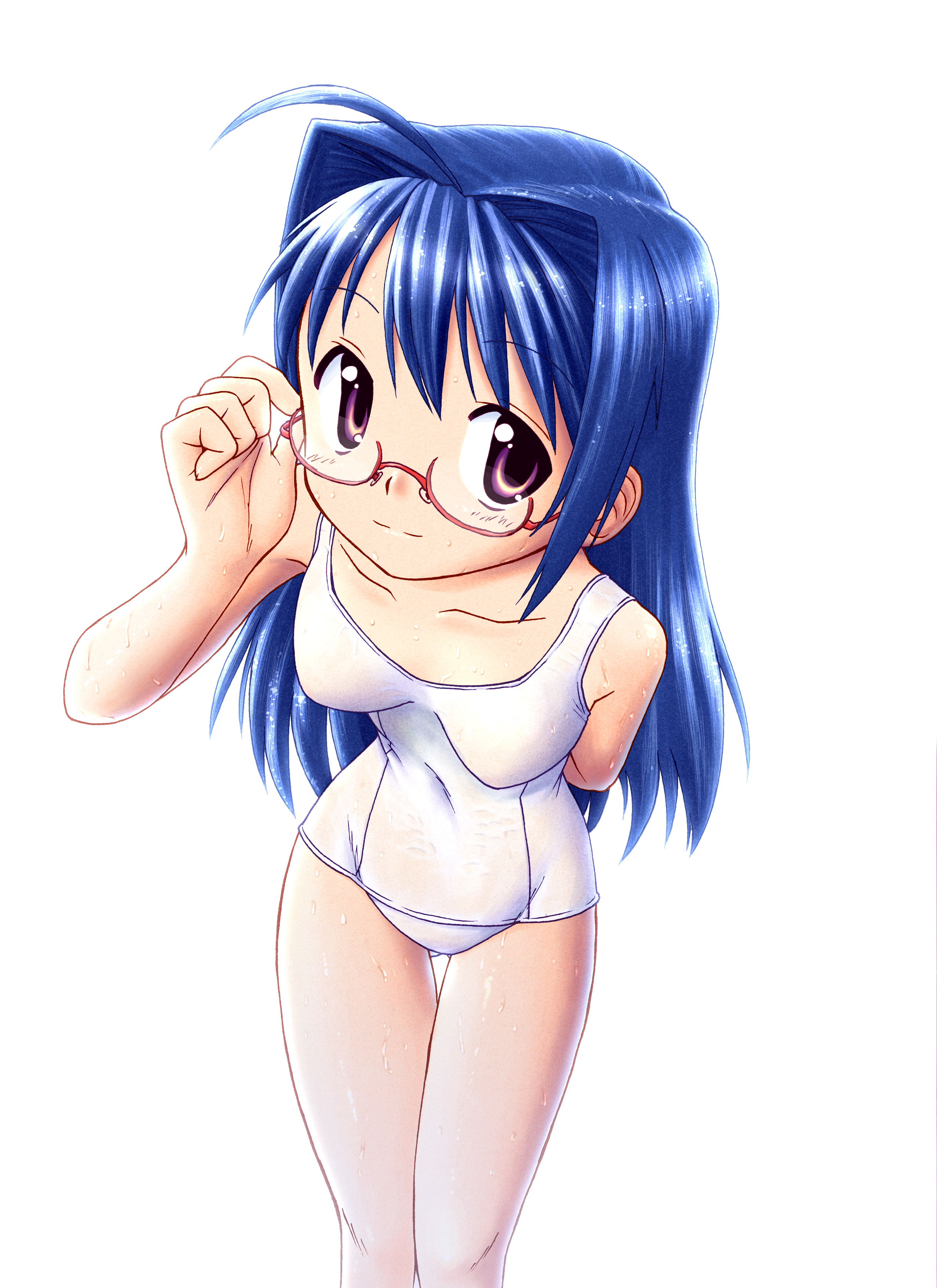 fumotono mikoto, original, absurdres, highres, 1girl, ahoge, blue hair, female focus, glasses, long hair, looking at viewer, one-piece swimsuit, school swimsuit, simple background, solo, swimsuit, white background