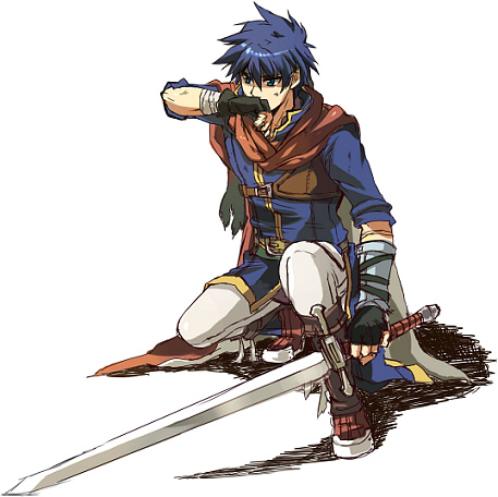 ike (fire emblem), fire emblem, fire emblem: path of radiance, nintendo, lowres, blue eyes, blue hair, cape, gloves, headband, male focus, simple background, solo, sword, weapon