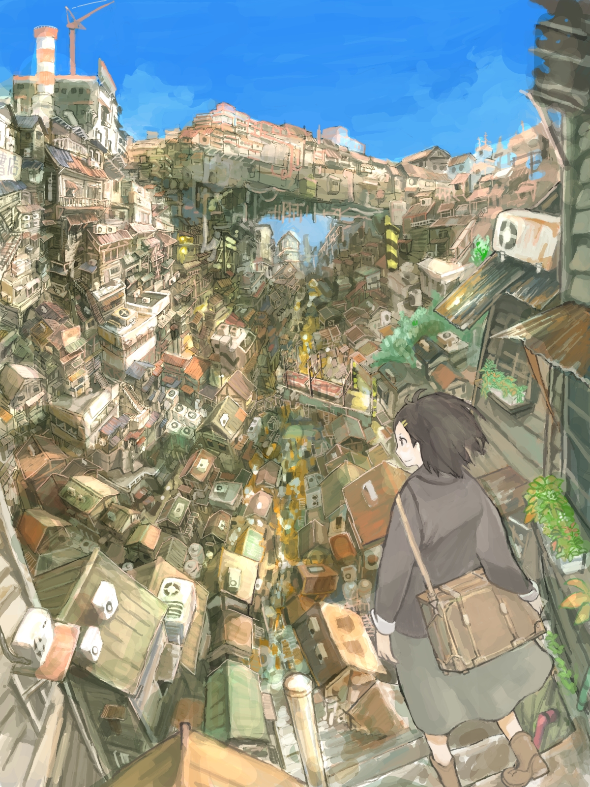 mo-mo-ride, bad id, bad pixiv id, highres, air conditioner, bag, black hair, city, cityscape, construction, hair ornament, hairclip, scenery, short hair, shoulder bag, stairs, valley