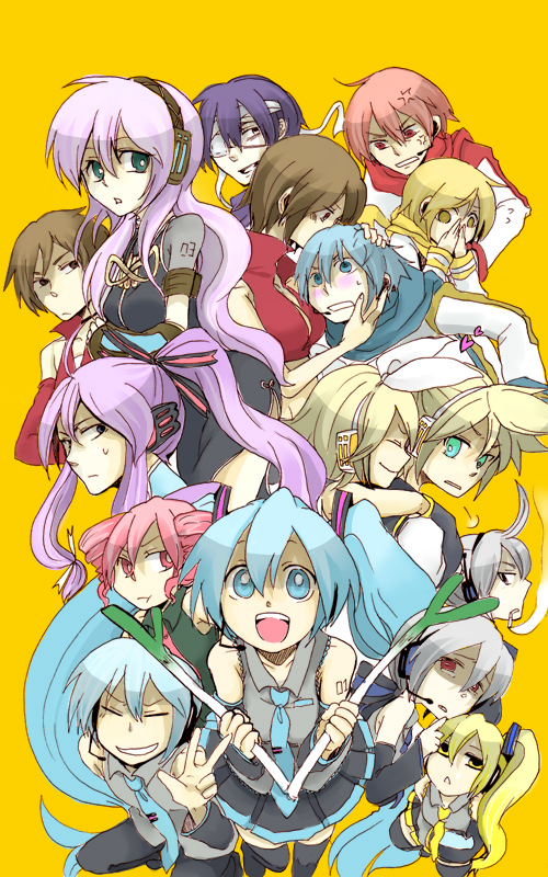 sachirika, akaito, akita neru, hatsune miku, hatsune mikuo, honne dell, kagamine len, kagamine rin, kaito (vocaloid), kamui gakupo, kasane teto, kasane teto (utau), kikaito, megurine luka, meiko (vocaloid), meito (vocaloid), shion taito, taito (vocaloid), yowane haku, utau, vocaloid, silver hair, bad id, bad pixiv id, 6+boys, 6+girls, :<, ahoge, aqua eyes, aqua hair, blonde hair, blue eyes, blue hair, blush, brown eyes, brown hair, cigarette, crossover, detached sleeves, drill hair, everyone, genderswap, genderswap (ftm), hair ornament, hair ribbon, hairclip, headphones, headset, heart, long hair, multiple boys, multiple girls, necktie, pink hair, ponytail, purple hair, red eyes, red hair, ribbon, scarf, short hair, siblings, side ponytail, skirt, smile, smoking, spring onion, sweat, tears, thighhighs, twins, twintails, very long hair, zettai ryouiki