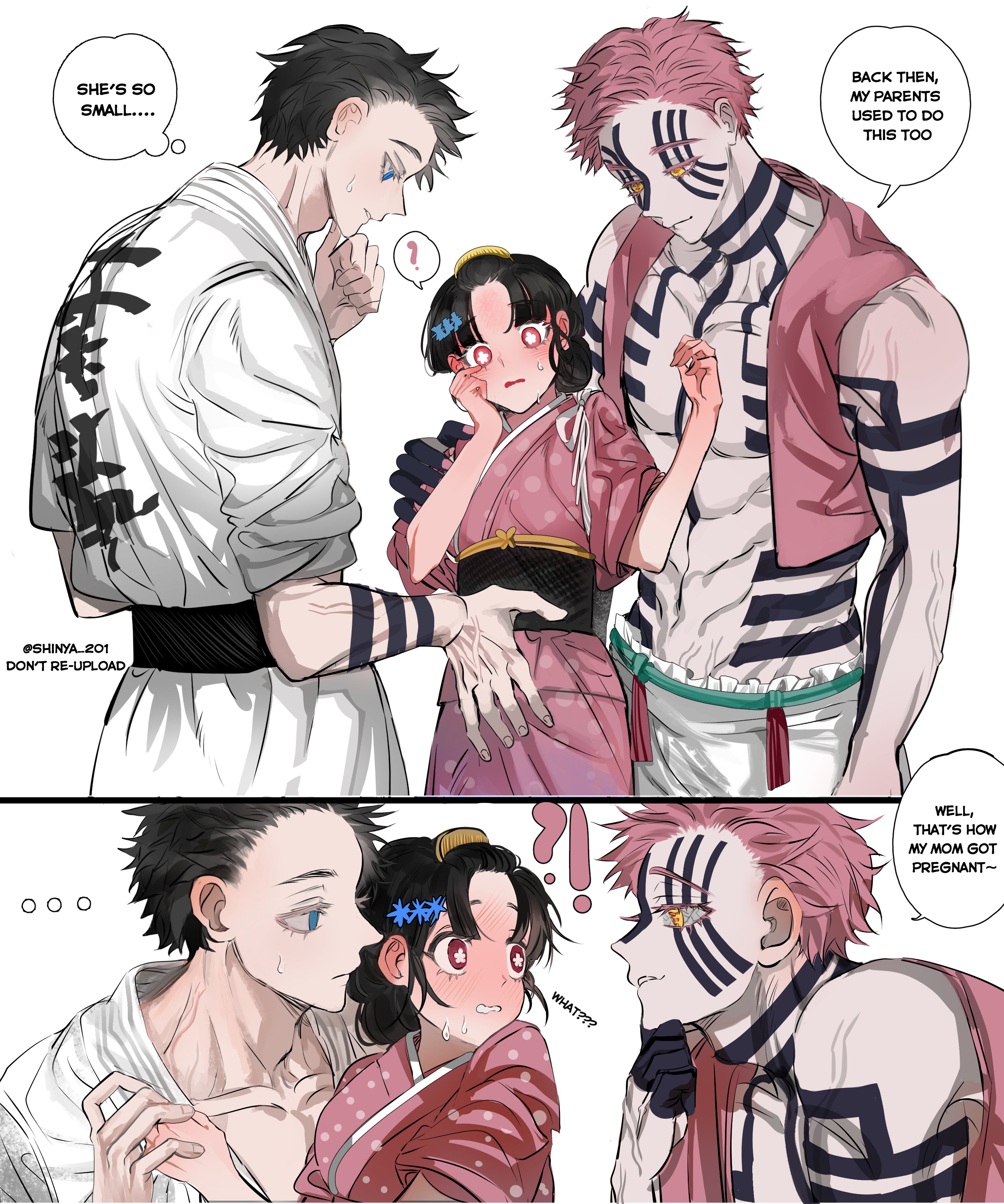 shinya abcxyz, akaza (kimetsu no yaiba), koyuki (kimetsu no yaiba), kimetsu no yaiba, absurdres, commentary request, highres, !?, 1girl, 2boys, abs, akaza (human) (kimetsu no yaiba), black hair, colored eyelashes, dual persona, english text, facial mark, multiple boys, navel, pants, pink hair, red eyes, red hair, short hair, smile, speech bubble, stomach, tattoo, yellow eyes