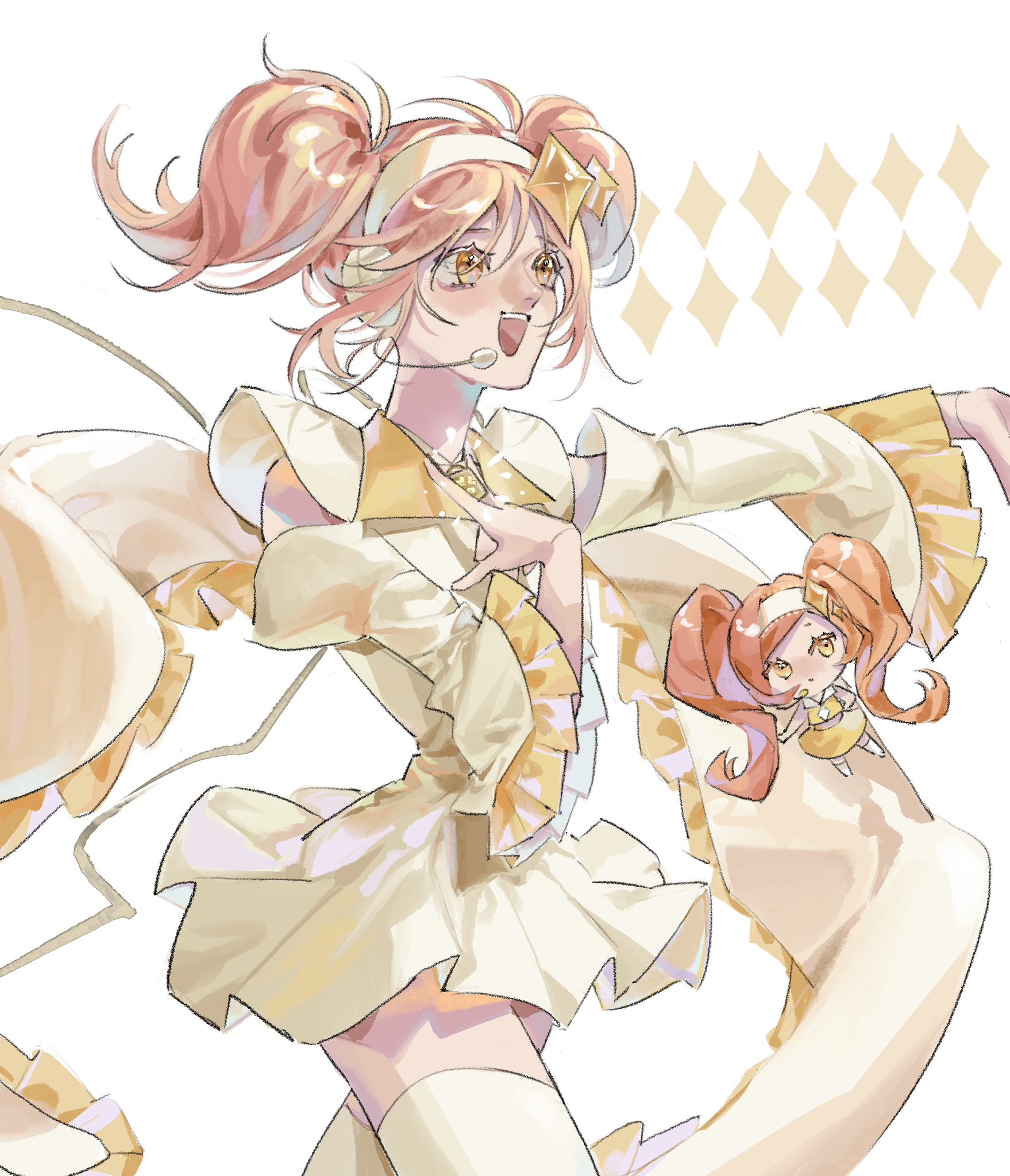 realemonade, amulet dia, dia (shugo chara!), hinamori amu, shugo chara!, hashtag-only commentary, highres, 2girls, cowboy shot, dress, guardian chara, headband, headset, looking ahead, magical girl, multiple girls, music, open mouth, orange hair, outstretched arm, sidelocks, singing, smile, thighhighs, twintails, wide sleeves, yellow dress