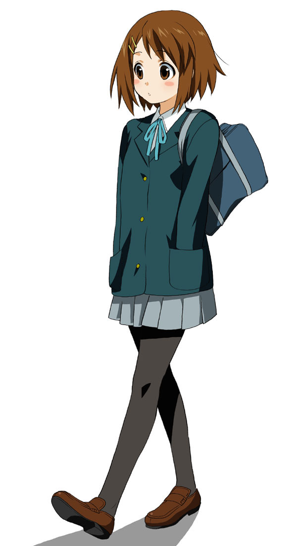 mattaku mousuke, hirasawa yui, k-on!, bad id, bad pixiv id, 00s, 1girl, blush, brown eyes, brown hair, female focus, full body, legs, pantyhose, school uniform, short hair, simple background, solo, white background