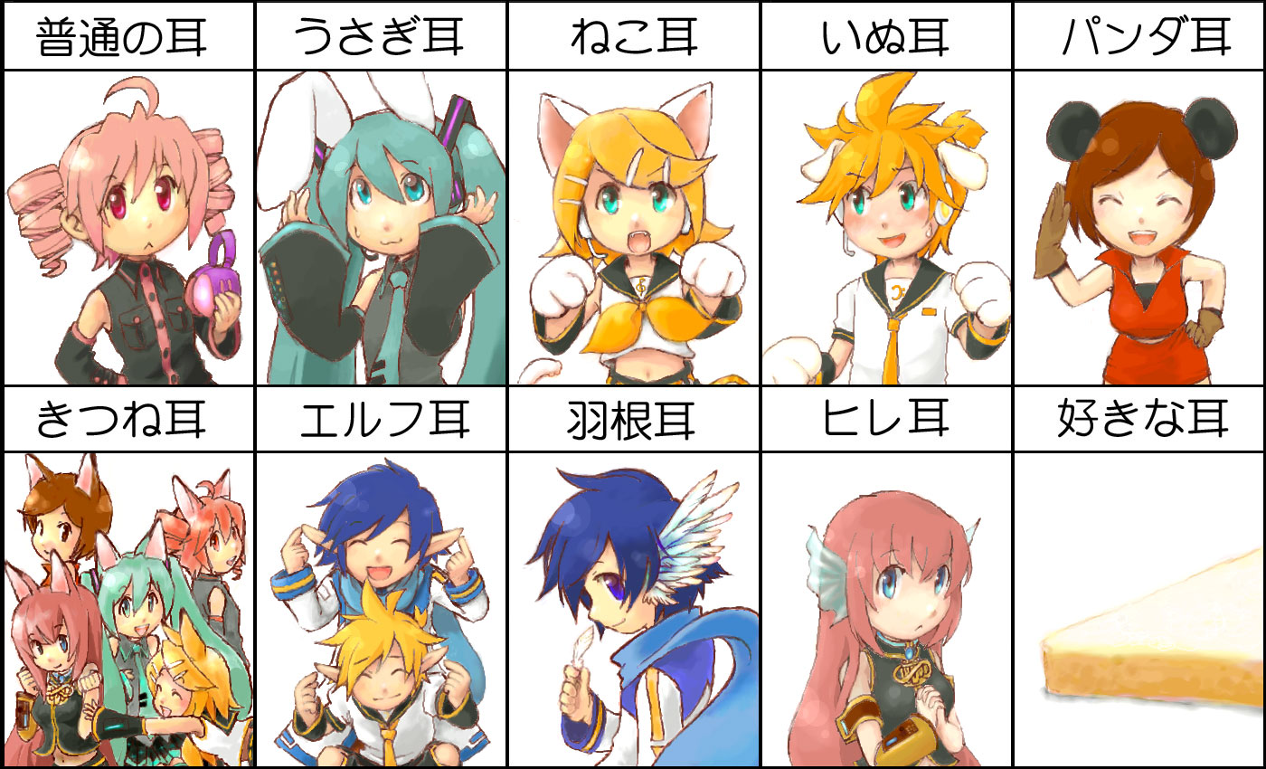 zip, zip n, hatsune miku, kagamine len, kagamine rin, kaito (vocaloid), kasane teto, kasane teto (utau), megurine luka, meiko (vocaloid), utau, vocaloid, translation request, 2boys, 5girls, :<, :3, :d, ahoge, animal ears, aqua eyes, aqua hair, cat ears, chart, crossover, dog ears, drill hair, ear chart, elf, fins, fox ears, head fins, head wings, multiple boys, multiple girls, necktie, open mouth, panda ears, pointy ears, pun, rabbit ears, smile, twin drills, twintails, wings, zipper