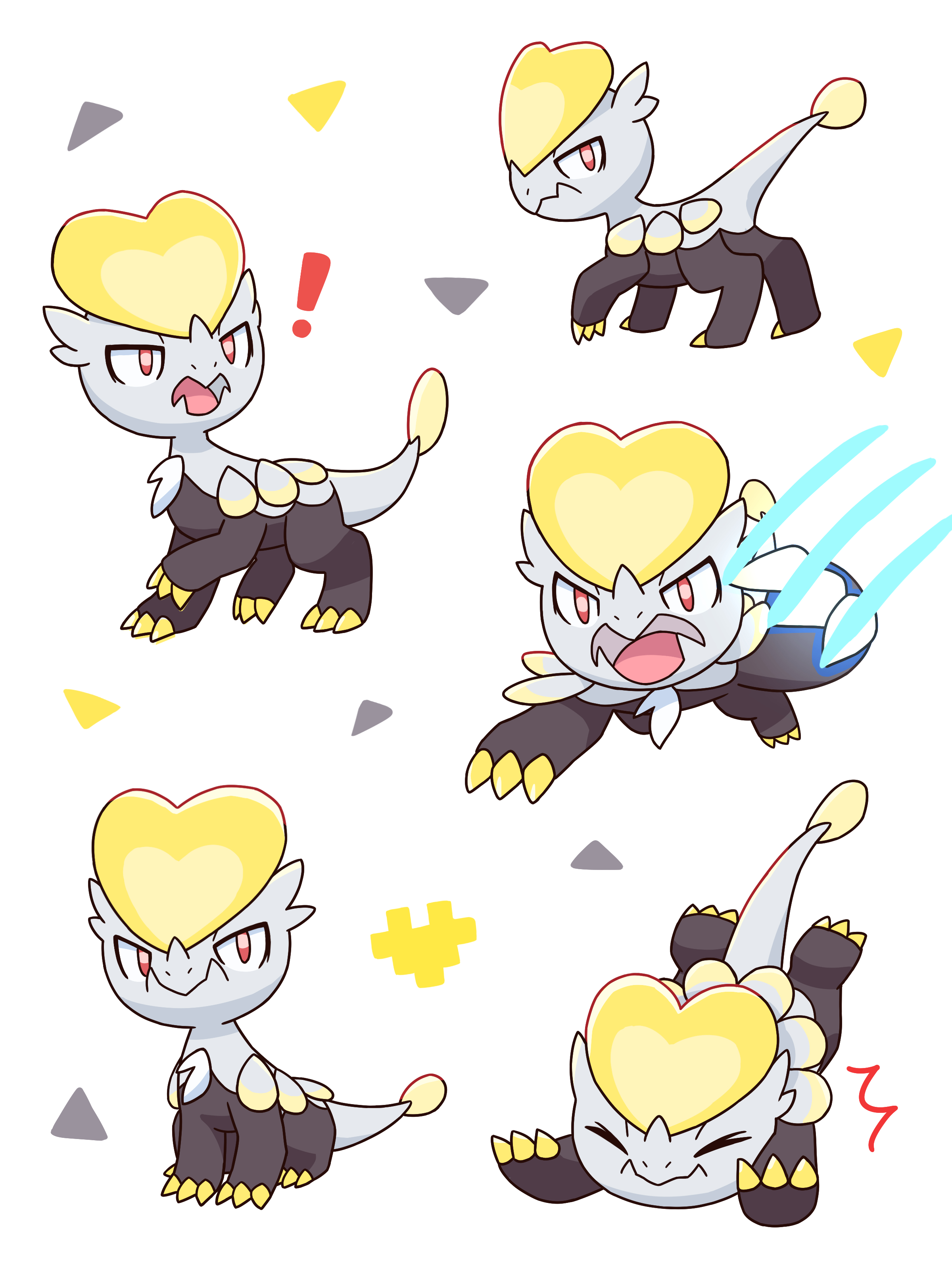 neko gyoza, jangmo-o, nintendo, pokemon, absurdres, commentary request, highres, !, animal focus, claws, closed eyes, closed mouth, full body, gen 7 pokemon, heart, no humans, open mouth, pokemon (creature), red eyes, tusks, white background