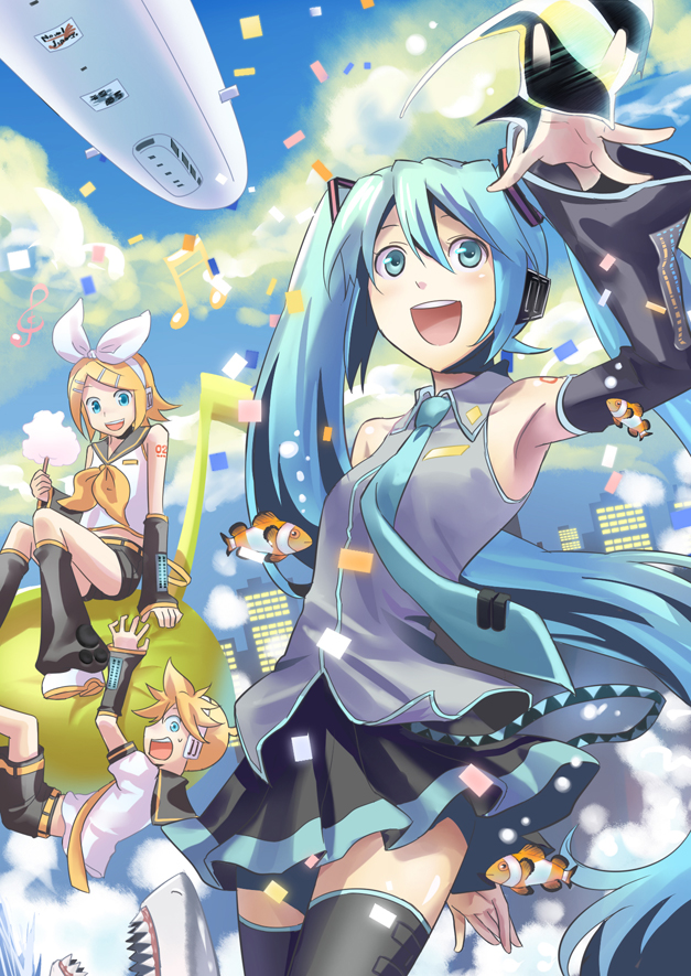 hikiyama towa, hatsune miku, kagamine len, kagamine rin, vocaloid, 1boy, 2girls, aircraft, airplane, aqua eyes, aqua hair, armpits, blonde hair, blue eyes, confetti, day, detached sleeves, fish, flat chest, hair ornament, hair ribbon, hairclip, headphones, long hair, multiple girls, musical note, necktie, ribbon, shark, short hair, shorts, siblings, skirt, sky, smile, thighhighs, twins, twintails, very long hair, zettai ryouiki