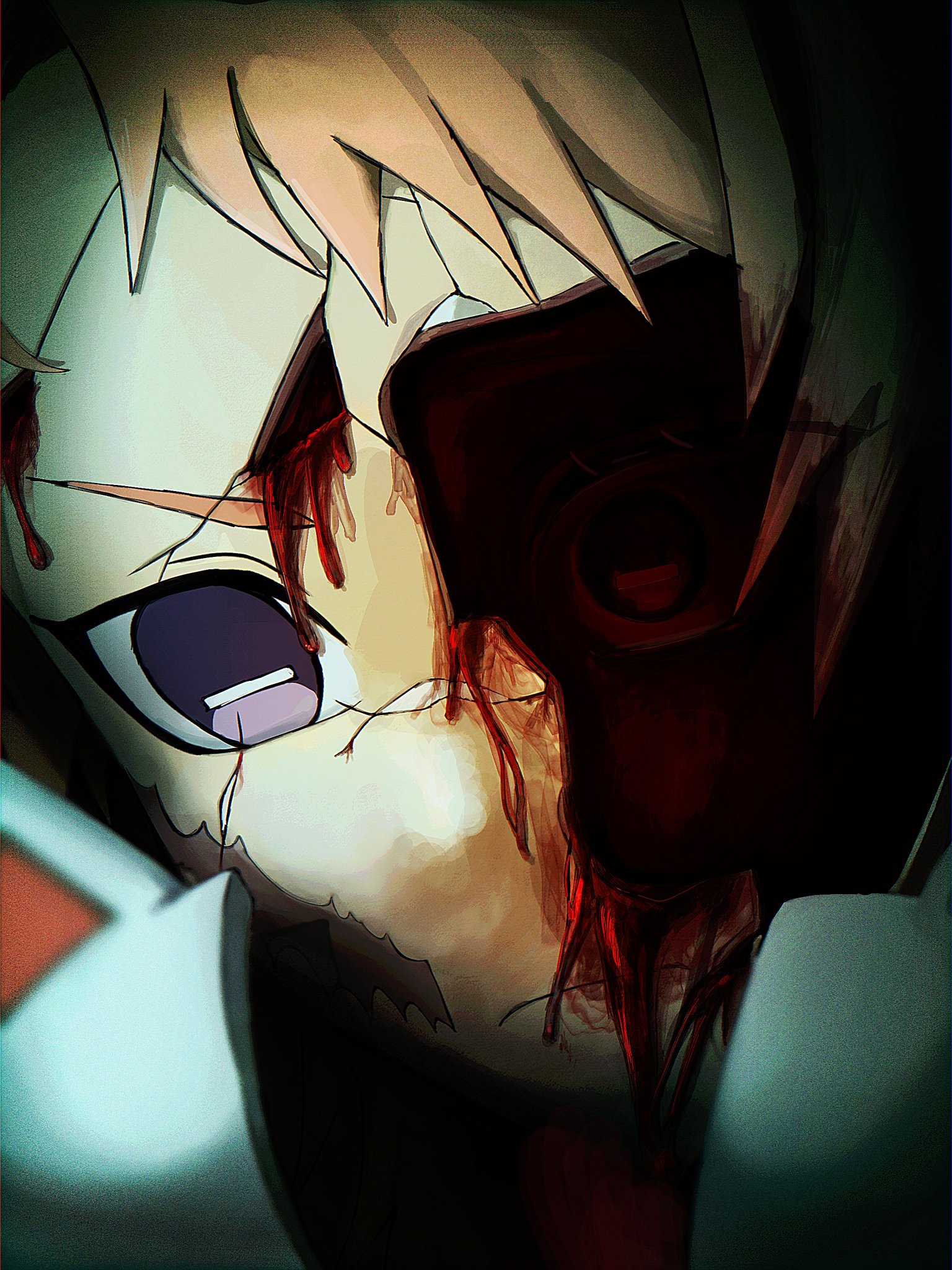 sabito (kimetsu), kimetsu no yaiba, commentary request, highres, 1boy, blonde hair, blood, broken mask, cracked kawaii mask, facial scar, fox mask, frown, grey eyes, male focus, mask, ojon 0000007, portrait, sad, scar, scar on cheek, scar on face, short hair, solo