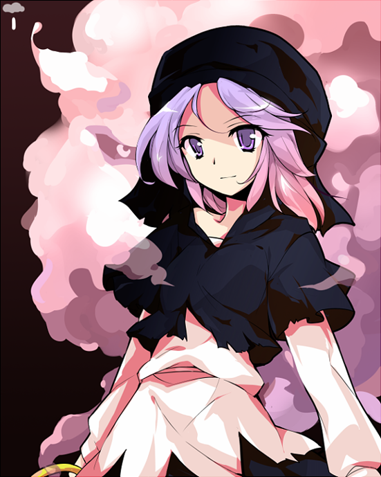 ideolo, kumoi ichirin, unzan, touhou, 1girl, alphes (style), female focus, gradient hair, hood, multicolored hair, parody, purple eyes, purple hair, solo, style parody
