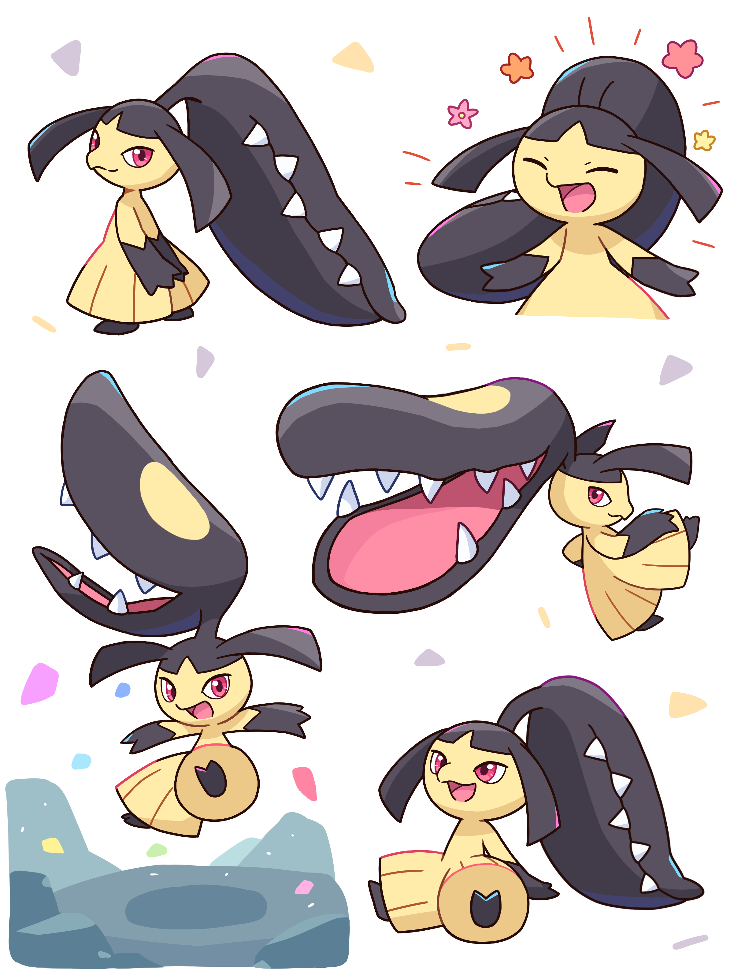 neko gyoza, mawile, nintendo, pokemon, absurdres, commentary request, highres, 1girl, colored skin, extra mouth, flower, full body, gen 3 pokemon, looking back, open mouth, pokemon (creature), red eyes, simple background, star (symbol), teeth, white background, yellow skin