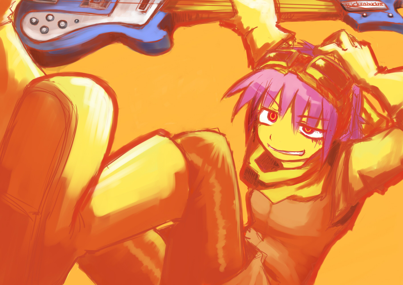 gin no tsubasa, haruhara haruko, flcl, 00s, 1girl, boots, female focus, gloves, goggles, guitar, instrument, pink hair, solo