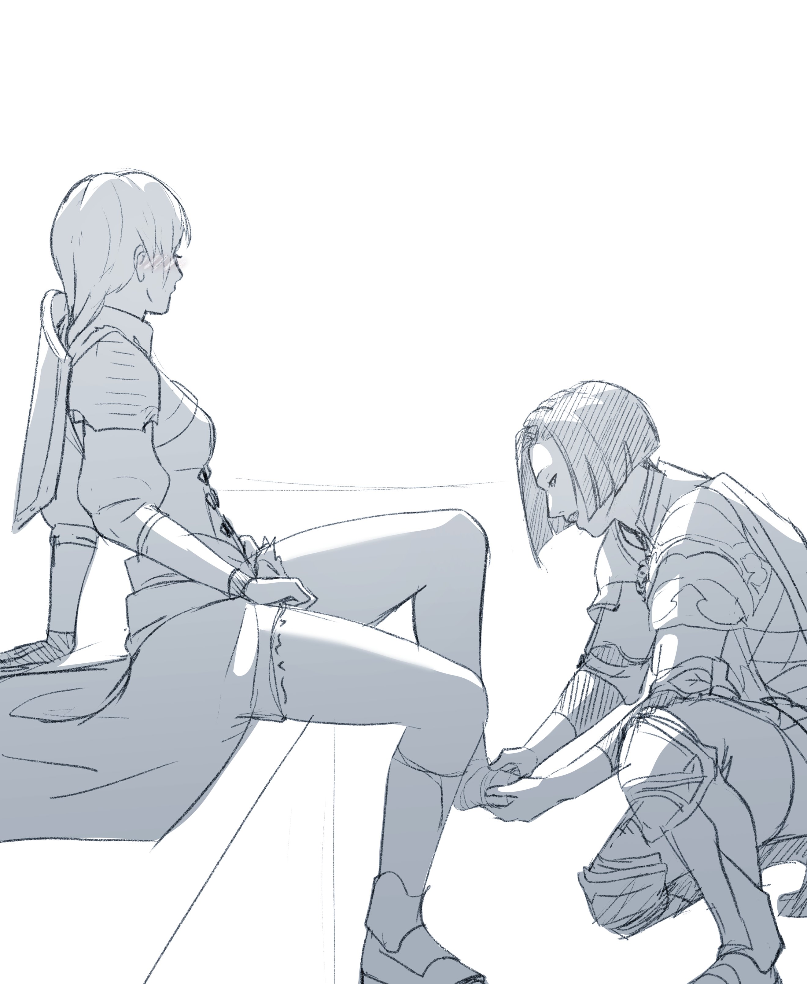 pomelomelon, leonie pinelli, lorenz hellman gloucester, fire emblem, fire emblem: three houses, fire emblem warriors: three hopes, nintendo, absurdres, commentary, english commentary, highres, 1boy, 1girl, bandaged foot, bandages, blush, breasts, looking to the side, medium breasts, official alternate costume, official alternate hairstyle, open mouth, shoes, short hair, short shorts, shorts, single shoe, sitting, sketch, thighs, white background