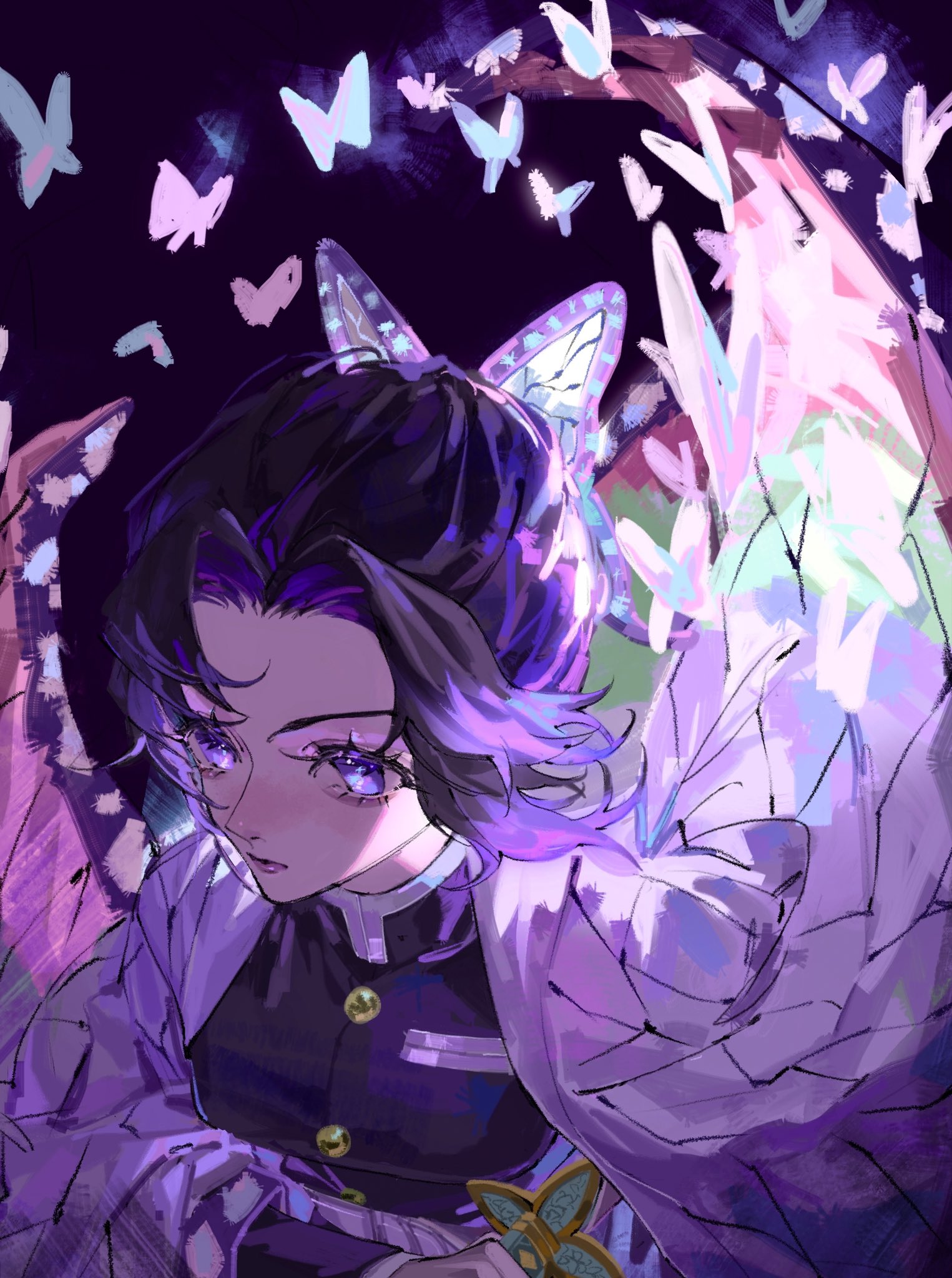 realemonade, kochou shinobu, kimetsu no yaiba, hashtag-only commentary, highres, 1girl, bug, butterfly, butterfly hair ornament, demon slayer uniform, eyelashes, from above, hair bun, hair ornament, haori, holding, holding sword, holding weapon, insect, japanese clothes, looking ahead, purple eyes, purple hair, sidelocks, solo, sword, weapon, wide sleeves