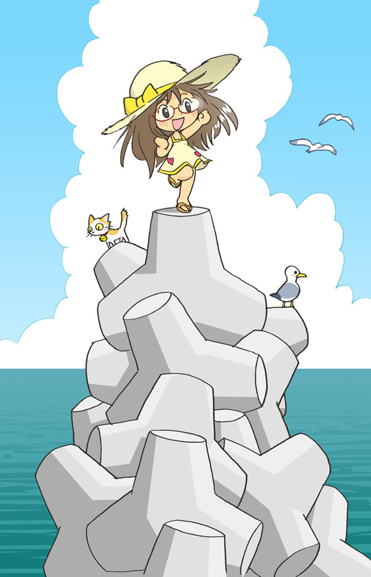 kabiinyo (kab), :d, bell, bird, black eyes, brown hair, cat, chibi, cloud, collar, day, dress, freckles, glasses, gradient background, hat, neck bell, ocean, open mouth, sandals, seagull, simple background, smile, solo, sun hat, sundress, tetrapod