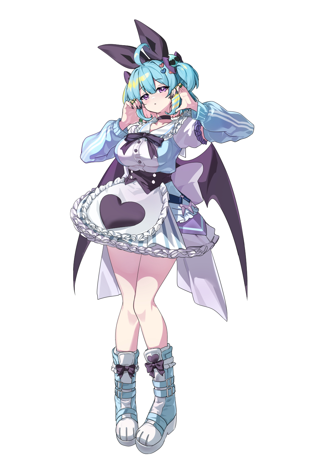 ebi bento, evil twin lil-la, lil-la (yu-gi-oh!), yu-gi-oh!, highres, 1girl, alternate costume, bat wings, blue eyes, blue hair, blush, bow, breasts, duel monster, hair bow, large breasts, long hair, looking at viewer, purple eyes, simple background, thighhighs, white background, wings
