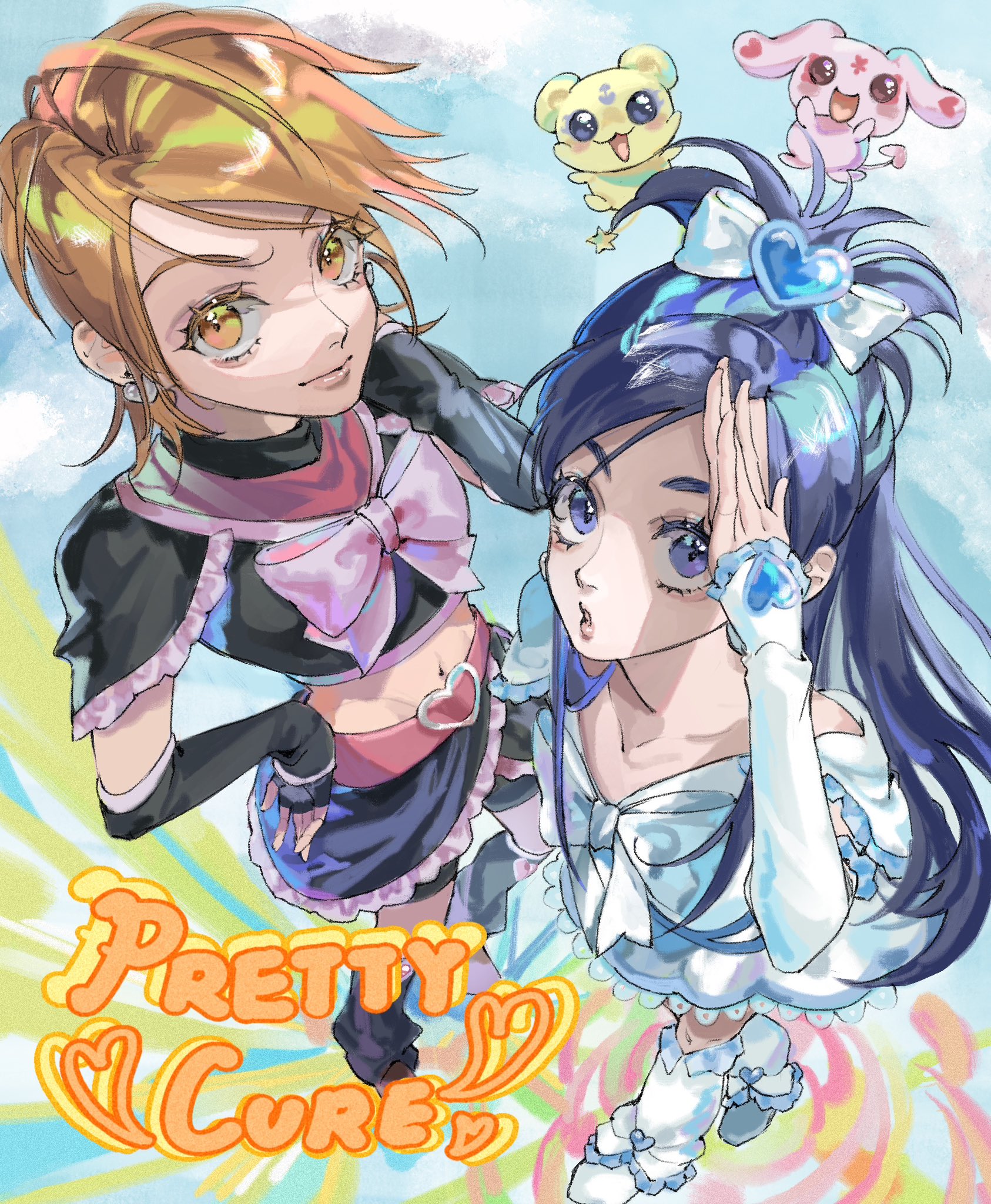 realemonade, mepple, mipple, misumi nagisa, yukishiro honoka, futari wa precure, precure, hashtag-only commentary, highres, 2girls, blue eyes, blue hair, brown eyes, brown hair, crop top, from above, full body, half updo, hand on own hip, leg warmers, long hair, magical girl, multiple girls, navel, short hair, skirt