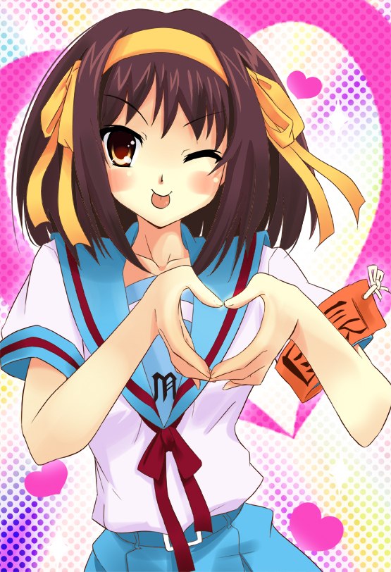 sumire (artist), urabi (tomatohouse), suzumiya haruhi, suzumiya haruhi no yuuutsu, bad id, bad pixiv id, 00s, 1girl, ;p, armband, brown eyes, brown hair, female focus, hairband, heart, heart hands, one eye closed, school uniform, serafuku, short hair, solo, tongue, tongue out, wink