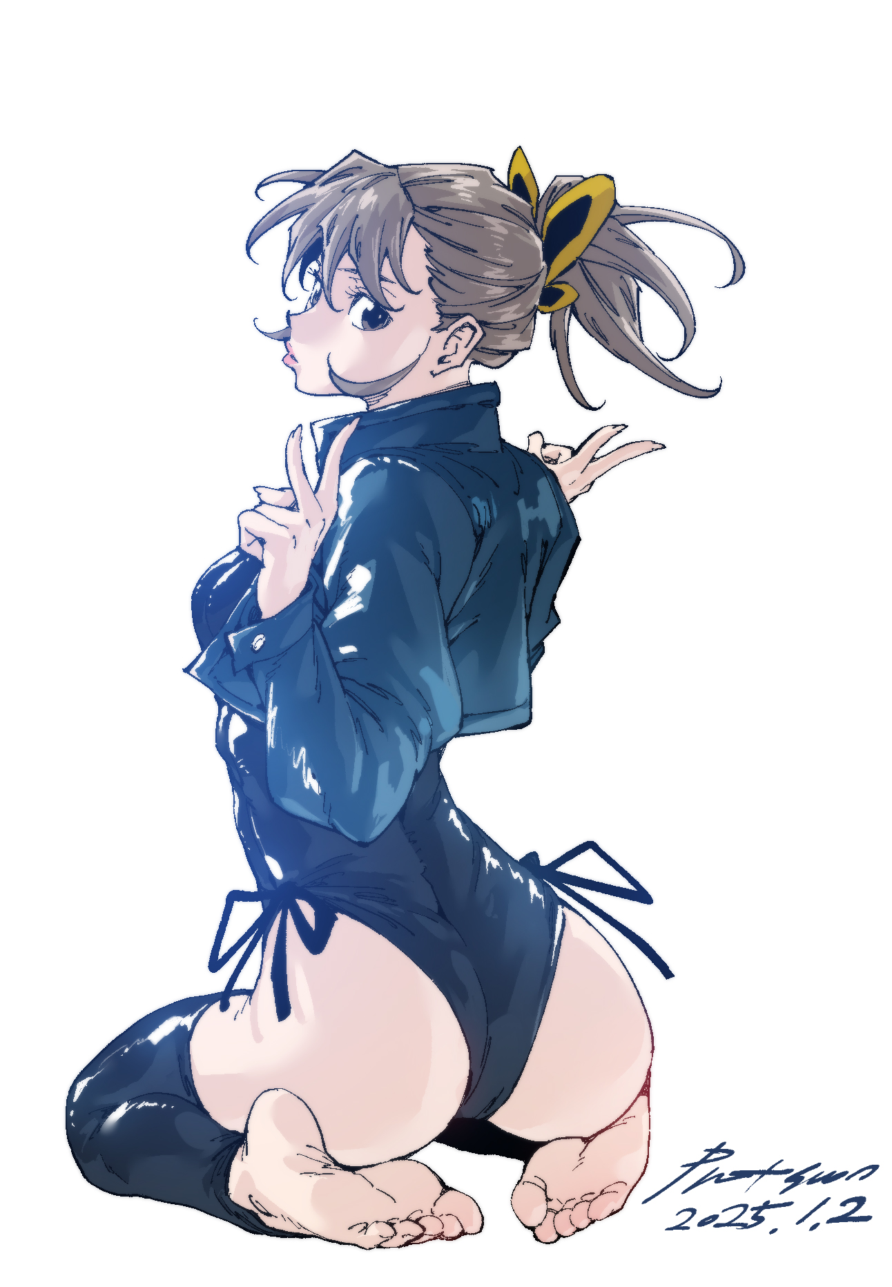 nabipenciller, original, highres, 1girl, ass, barefoot, black leotard, breasts, brown eyes, brown hair, double v, feet, from behind, full body, highleg, highleg leotard, leggings, leotard, looking at viewer, looking back, ponytail, sitting, small breasts, soles, solo, toes, v