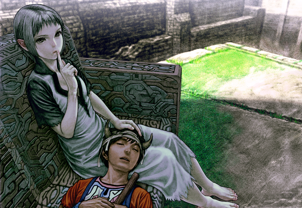 ug (ugg), ico (character), yorda, ico, bad id, bad pixiv id, 1boy, 1girl, barefoot, blurry, day, depth of field, dress, eyelashes, feet, horns, lap pillow, realistic, sitting, sleeping, surcoat, torn clothes, torn dress, torn sleeves