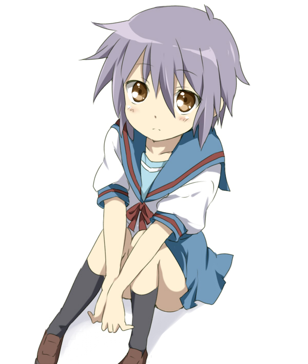 maruki (punchiki), nagato yuki, suzumiya haruhi no yuuutsu, bad id, bad pixiv id, 00s, brown eyes, grey hair, looking up, school uniform, serafuku, short hair, sitting, solo