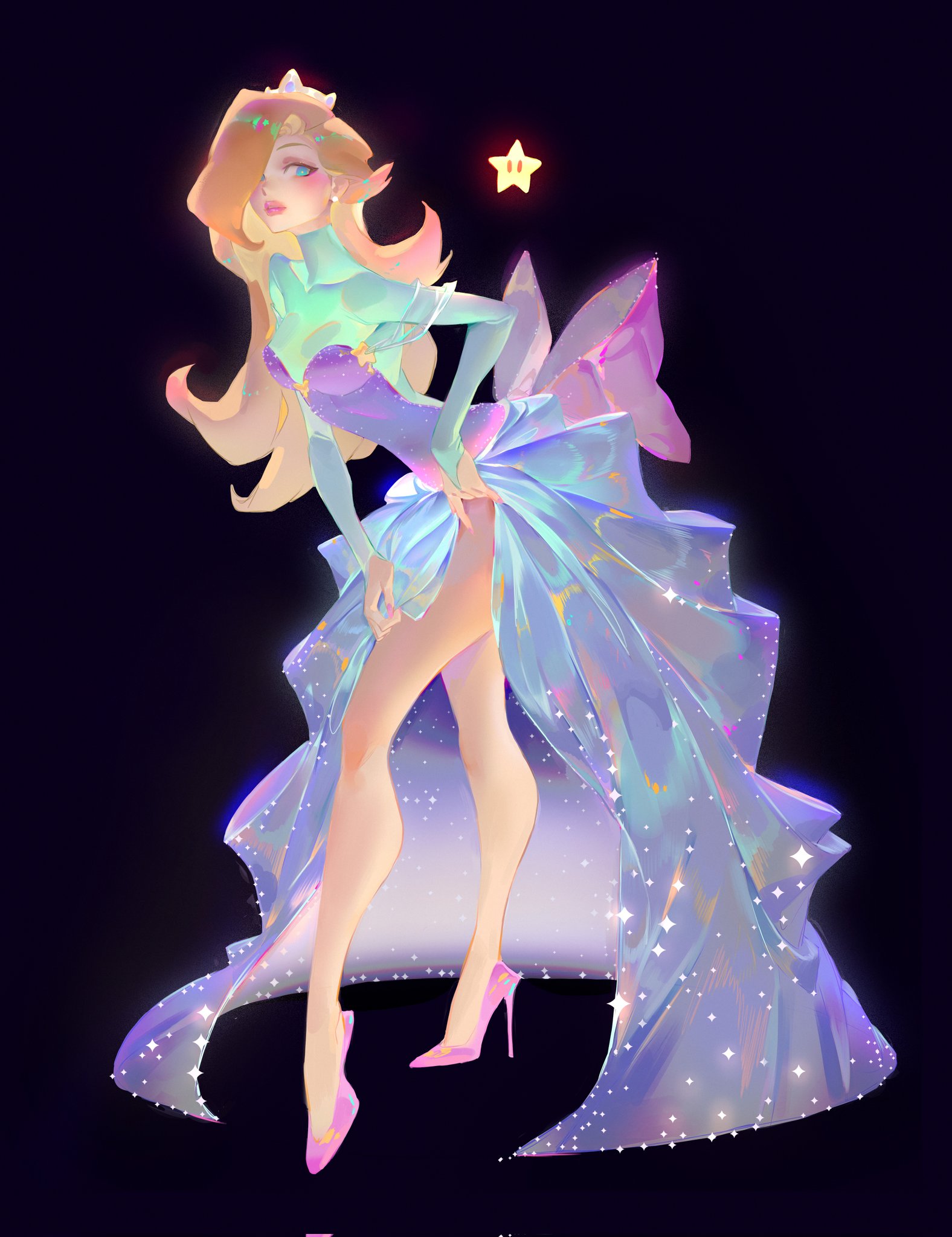 bluemist72, luma (mario), rosalina, mario (series), nintendo, super mario galaxy, commentary, corrupted twitter file, english commentary, highres, 1girl, blonde hair, blue dress, blue eyes, bow, bridal gauntlets, crown, dress, dress bow, full body, high heels, leaning forward, long hair, pink bow, pink lips, pink shoes, shoes, showgirl skirt, simple background, solo, star (symbol), turtleneck, turtleneck dress, very long hair