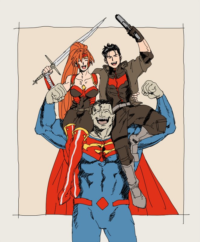 artemis of bana-mighdall, jason todd, red hood (dc), batman (series), dc comics, red hood and the outlaws, commentary, amazon warrior, bat signal, batman symbol, belt, bizarro ii, black bodysuit, black gloves, black hair, bodysuit, brown jacket, gloves, grey bodysuit, jacket, long hair, multicolored bodysuit, multiple boys, muscular, muscular male, okota to tv, open clothes, short hair, simple background, superhero costume, taut bodysuit, two-tone bodysuit, utility belt