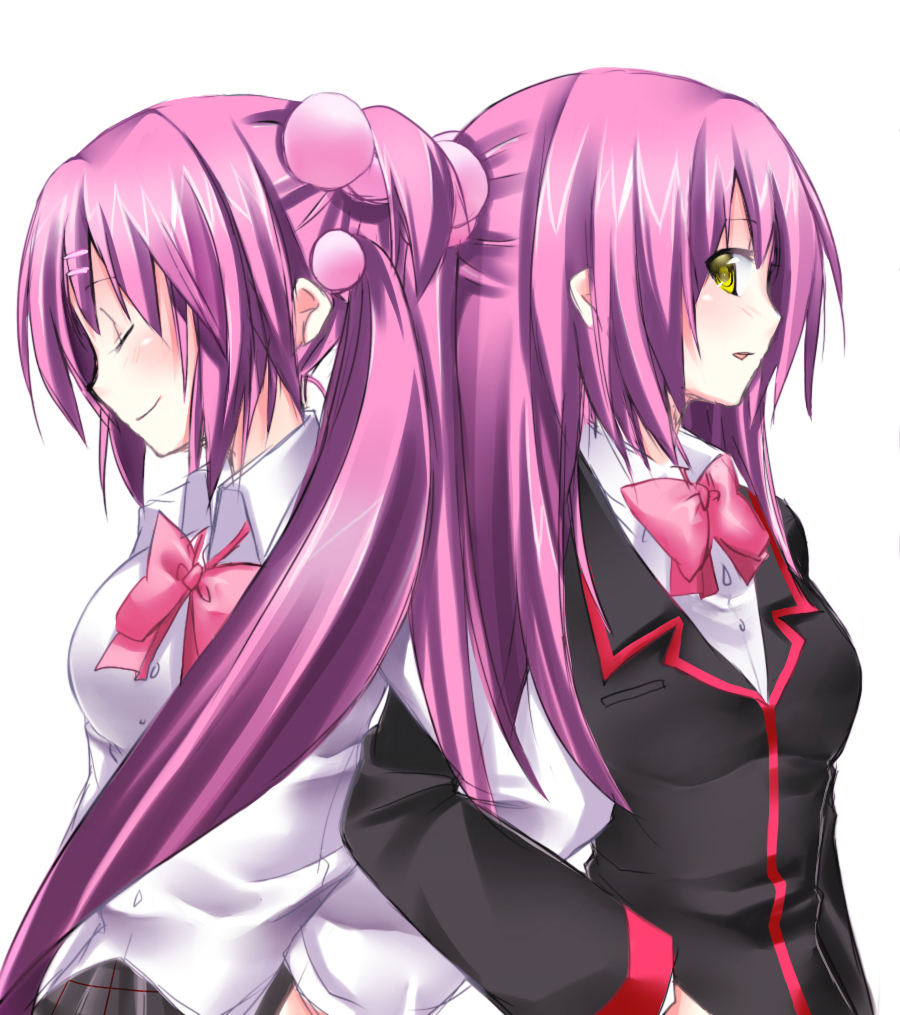shino (sosuketo), futaki kanata, saigusa haruka, little busters!, bad id, bad pixiv id, 2girls, back-to-back, bow, closed eyes, half updo, long hair, multiple girls, pink bow, profile, purple hair, school uniform, siblings, side ponytail, simple background, sisters, yellow eyes