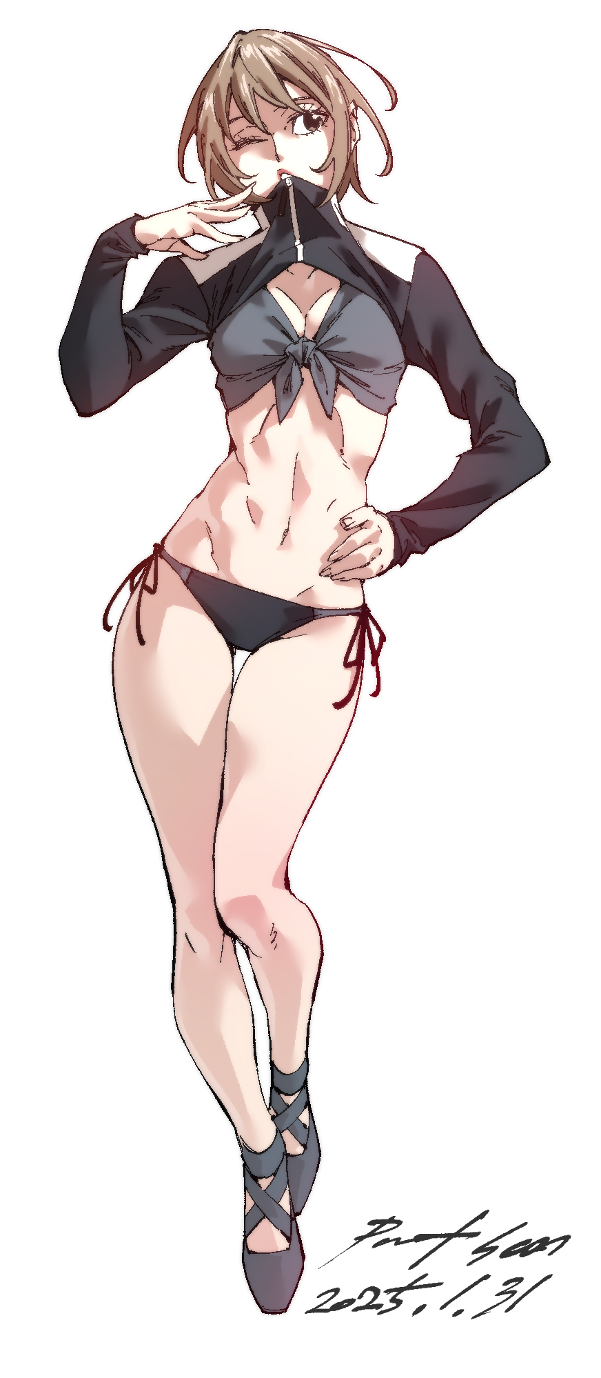 nabipenciller, original, highres, 1girl, ballet slippers, black panties, breasts, brown eyes, brown hair, full body, navel, panties, ponytail, shirt, shrug (clothing), side-tie panties, small breasts, solo, thigh gap, tied shirt, underwear