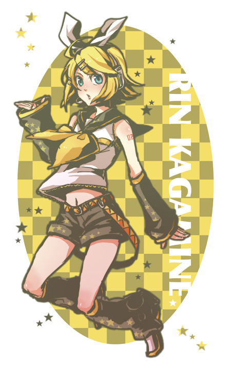 circus66, ①, kagamine rin, vocaloid, bad id, bad pixiv id, 1girl, aqua eyes, blue eyes, female focus, full body, hair ornament, hair ribbon, hairclip, midriff, ribbon, short hair, shorts, solo, star (symbol)