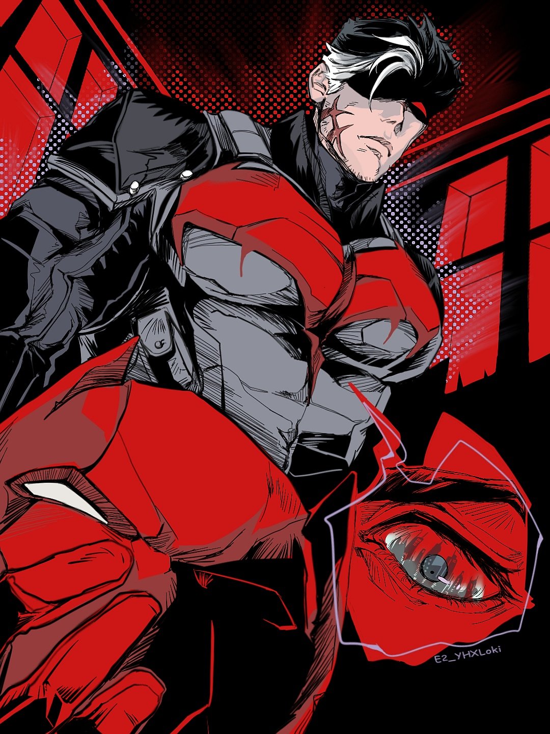 jason todd, red hood (dc), batman (series), dc comics, commentary request, highres, 1boy, aged up, bat signal, batman symbol, belt, black bodysuit, black gloves, black hair, blue eyes, bodysuit, cowl, e2 yhxloki, gloves, grey bodysuit, male focus, mask, multicolored bodysuit, multicolored hair, muscular, muscular male, pants, red mask, scar, scar on face, short hair, superhero costume, taut bodysuit, two-tone bodysuit, two-tone hair, utility belt, white hair