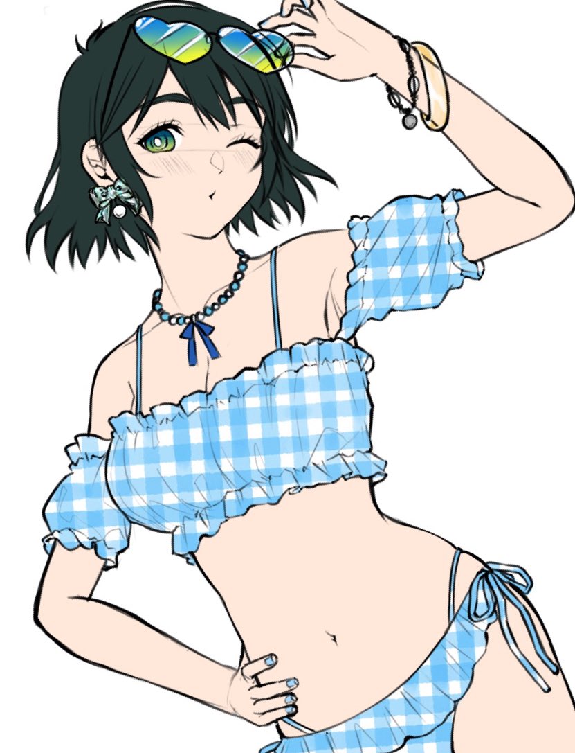 shiina mayuri, science adventure, steins;gate, commentary request, 1girl, arm up, bare shoulders, bikini, black hair, blowing kiss, blue bikini, bracelet, breasts, cleavage, collarbone, cowboy shot, earrings, eyewear on head, frilled bikini, frills, heart, heart-shaped eyewear, jewelry, kfka, looking at viewer, medium breasts, navel, one eye closed, short hair, simple background, smile, solo, stomach, sunglasses, swimsuit, white background