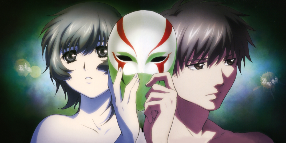 ein (phantom of inferno), zwei (phantom of inferno), phantom of inferno, silver hair, 1boy, 1girl, brown eyes, brown hair, expressionless, looking afar, mask, short hair, upper body