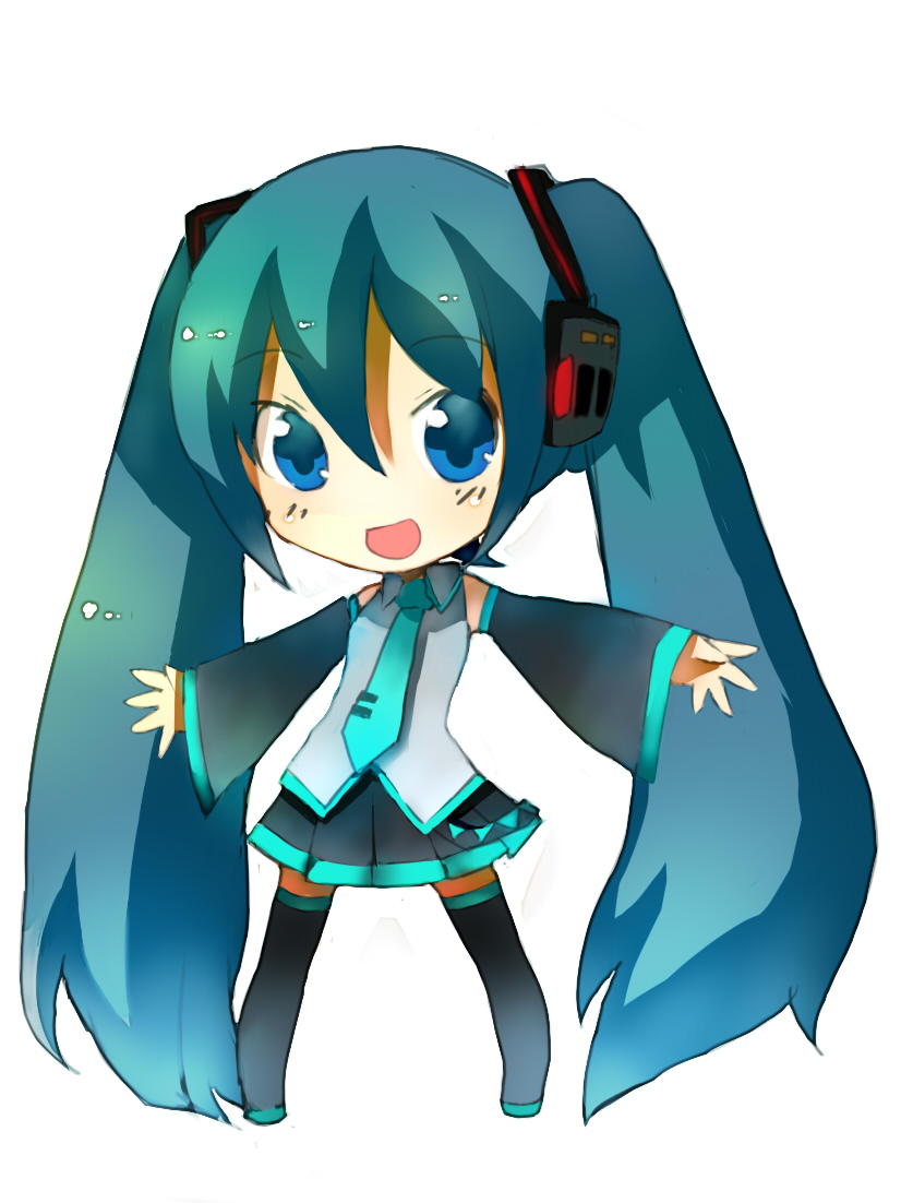 tsuchiya akira, hatsune miku, vocaloid, aqua hair, blue eyes, chibi, long hair, simple background, solo, thighhighs, twintails