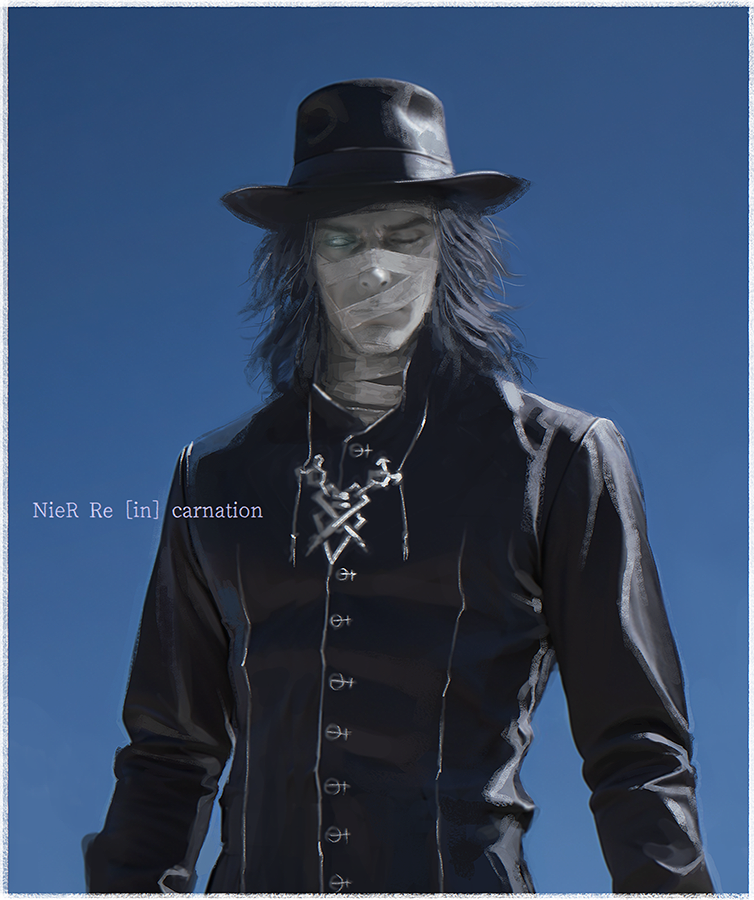 d.k, dimos (nier), nier (series), nier reincarnation, commentary, english commentary, 1boy, bandaged neck, bandages, bandages over mouth, black hair, black hat, black jacket, blue background, closed mouth, copyright name, gradient background, hat, jacket, long sleeves, looking at viewer, male focus, medium hair, one eye closed, solo, straight-on, upper body